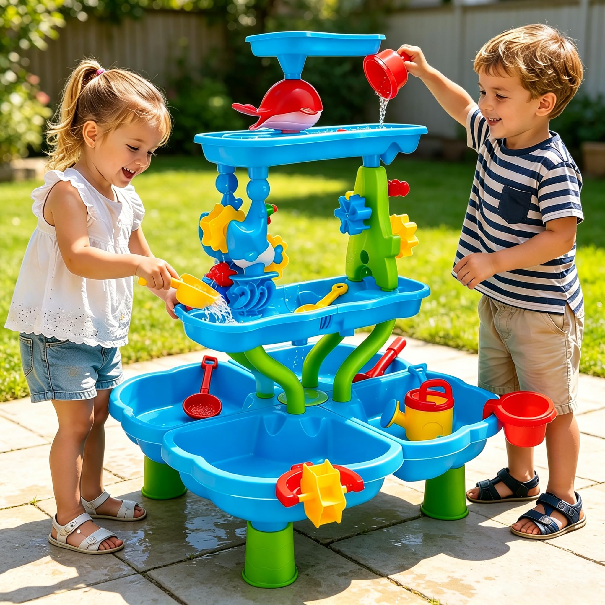 Mesa de juegos acuáticos para niños al aire libre, mesa grande de agua de 4 niveles, mesa de arena y agua para jardín, exterior y playa, juego de actividades con accesorios de juguetes de