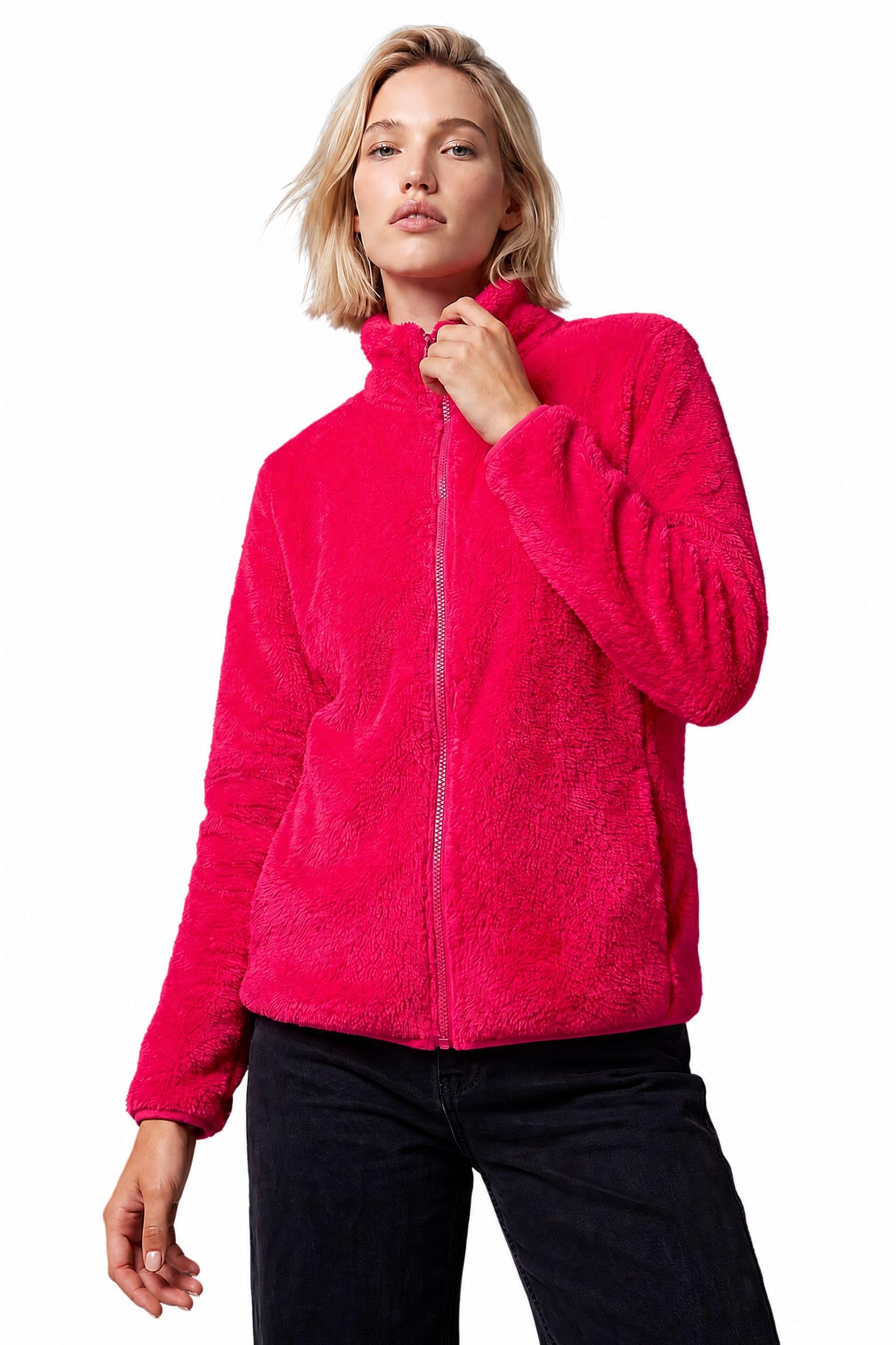 Roman Originals Women's Fuchsia Soft Sherpa Fleece Jacket For Uk - Autumn Everyday Winter Holiday Pull-On Comfy Soft Vacation Work Teddy Coat - Size S