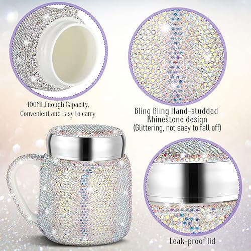 Miniatura 9 de Meanplan Taza de café con diamantes de imitación, botella de agua de cerámica con diamantes de imitación, taza de café de cristal portátil con tapa