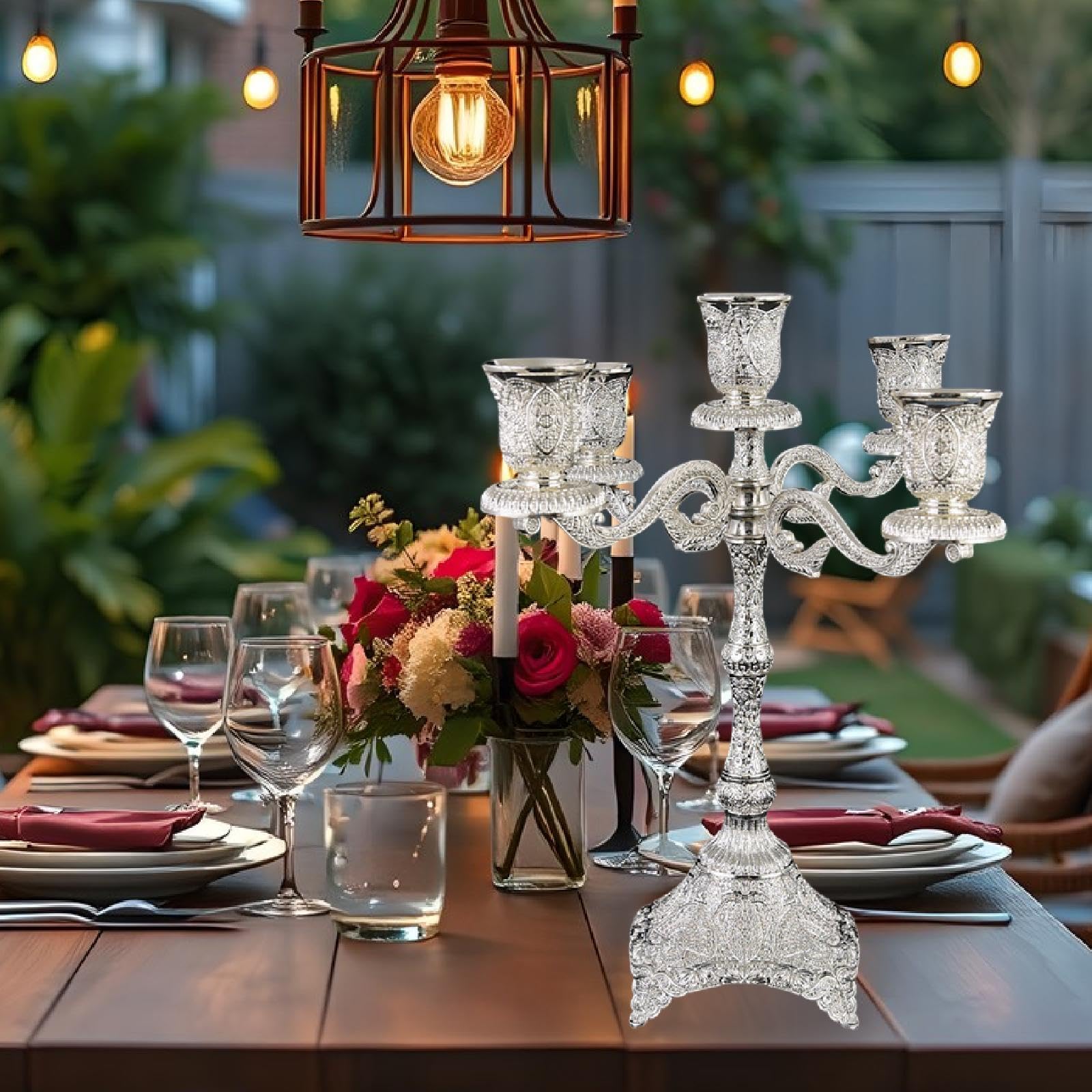 LOVIVER Candelabro de 5 Brazos, Soporte para Velas, Adorno, candelabro de Mesa para cenas, Valentín, Plata