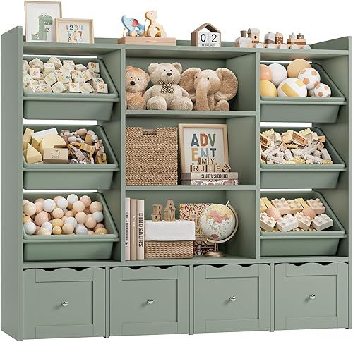 Miniatura 7 de HITHOS Organizador de almacenamiento de juguetes para niños de 55 pulgadas de ancho, caja de juguetes grande con estantería, baúl de juguetes con 3