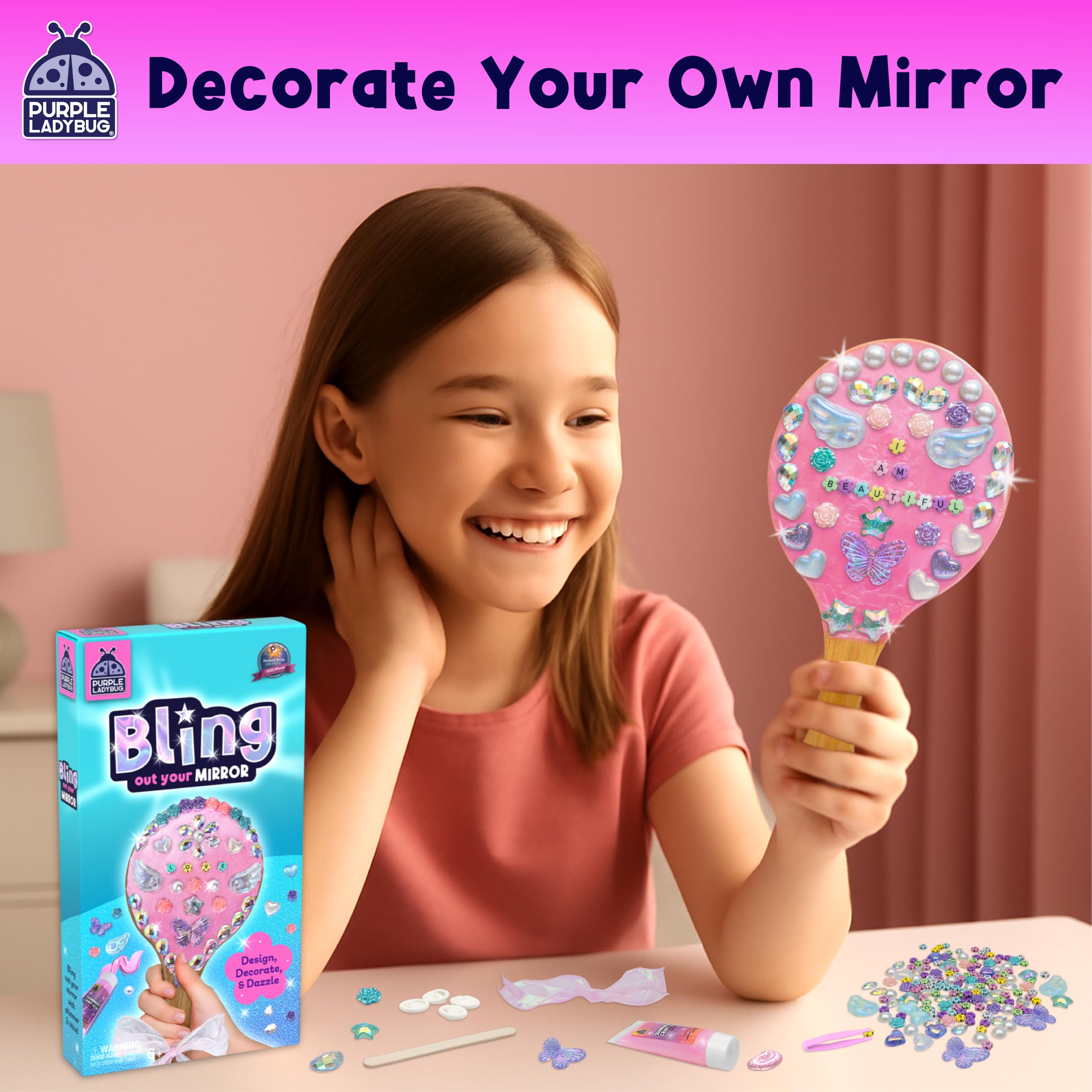 Bling Out Your Mirror Craft Kit for Girls - Decorate Your Own Craft Set with Wooden Handheld Mirror, Gems, & Beads, Girl Christmas & Birthday Gift for 5-12 Years Old, Fun Crafts for Girls Ages 4-12