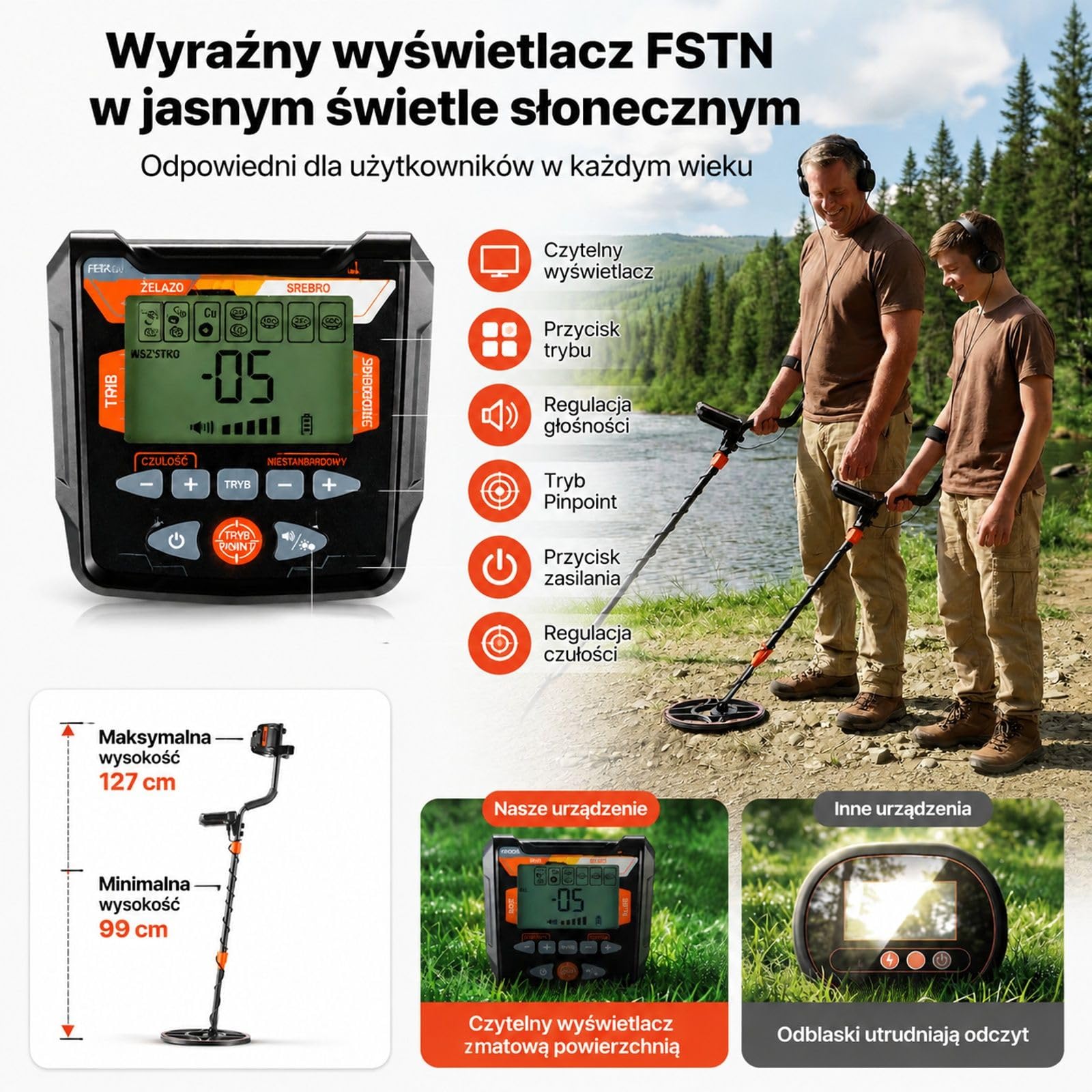 Wykrywacz metali z cewką, wyświetlaczem FSTN, słuchawkami, uchwytem teleskopowym i korpusem ABS do użytku na zewnątrz