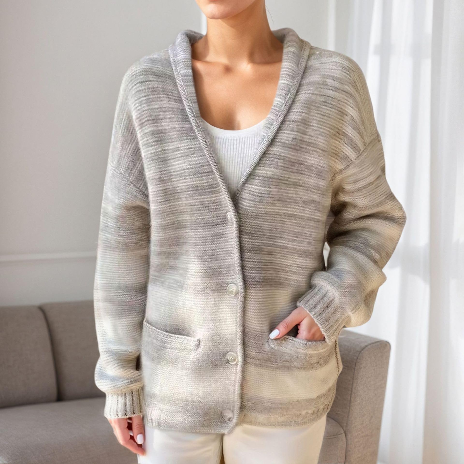 Generico Cardigan da Donna con Colletto A Revers Maglia A Righe Space Dye Cappotto A Maniche Lunghe Cardigan di Media Lunghezza con Tasche per Donna Chiusura con Bottoni Scollo A V Capospalla Leggero
