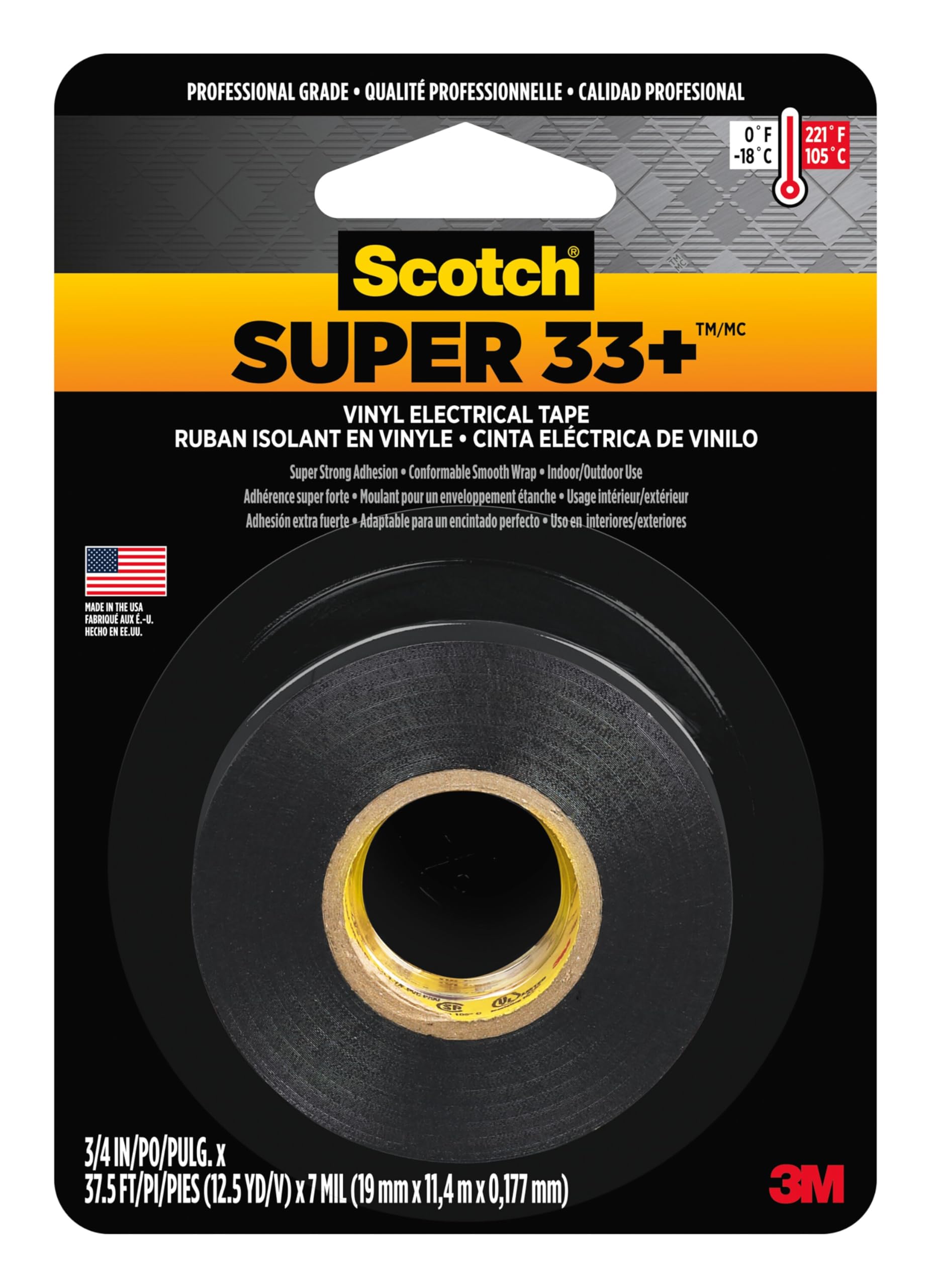 Scotch Super 33+ Electrical Tape, 3/4 in x 12-1/2 yd, Black, 1-Roll
