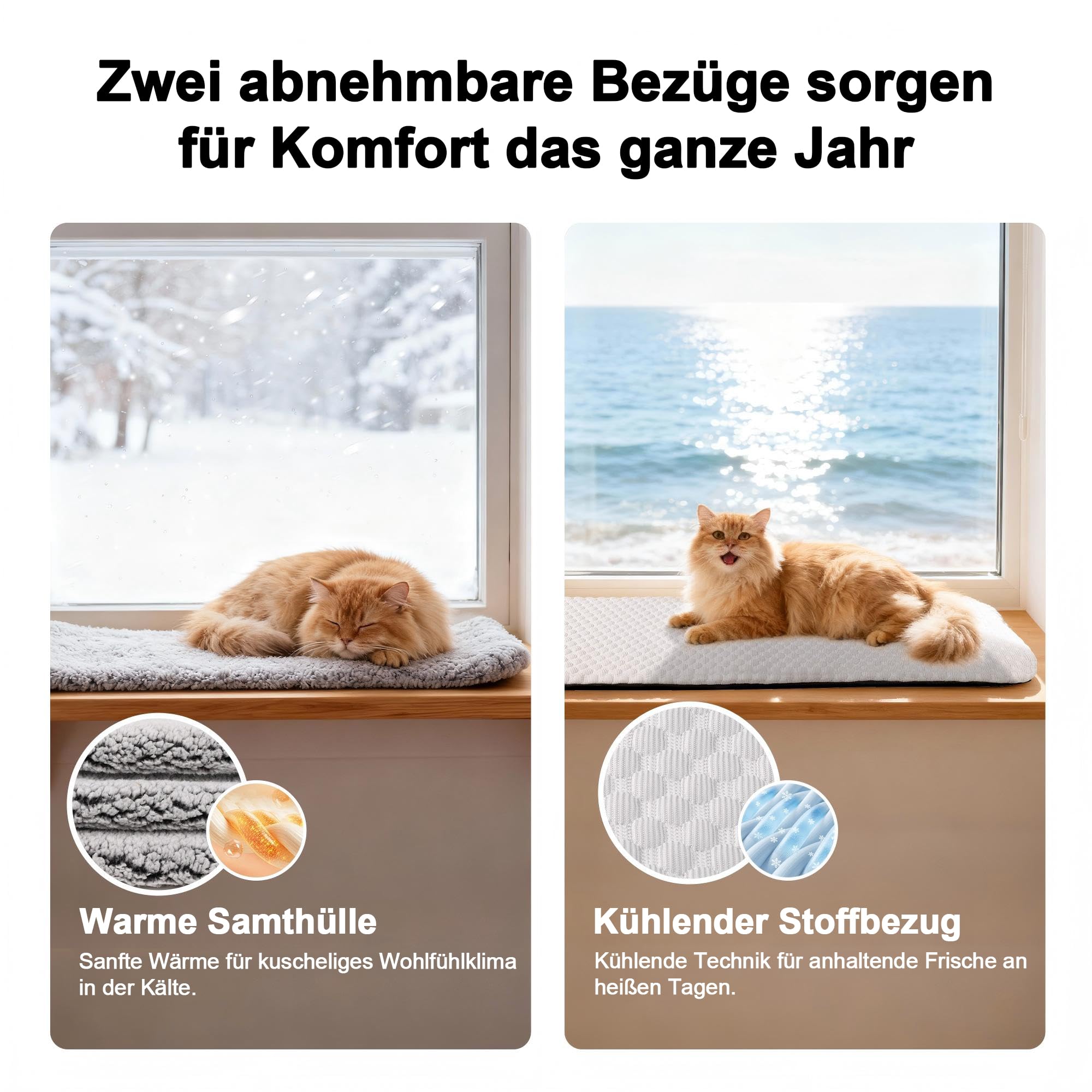 Pet Prime Fensterliege für Katzen, Kühlmatte für Katzen,rutschfestes Katzenbett mit 2 Bezügen (kühl & warm), 90x28 cm, machinenwaschbar, grau