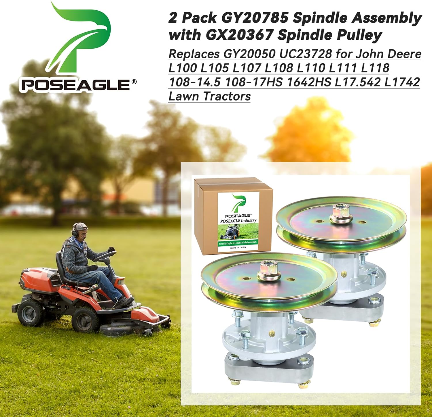 2 Pack GY20785 Spindle Assembly with GX20367 Spindle Pulley Replace John Deere GY20785 GY20050 UC23728 for John Deere L100 L105 L107 L108 L110 L111 L118 1642HS L17.542 L1742 42" Lawn Tractors