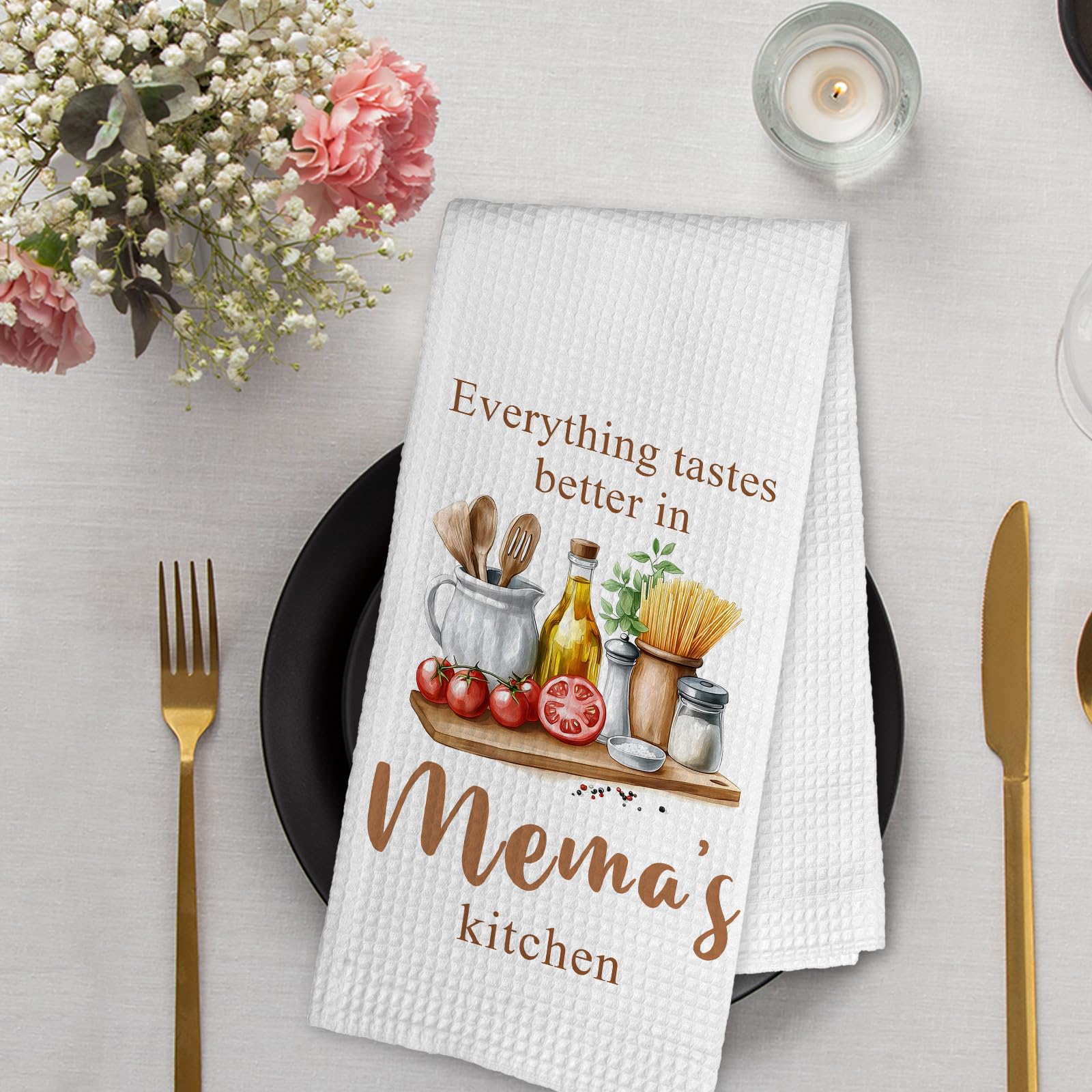 Mema Gifts Kitchen Towels, Grandma Gifts for Mothers Day Birthday, Everything Tastes Better in Mema's Kitchen Decorative Hand Dish Tea Towels, Housewarming New Home Gift for Grandma,16x24
