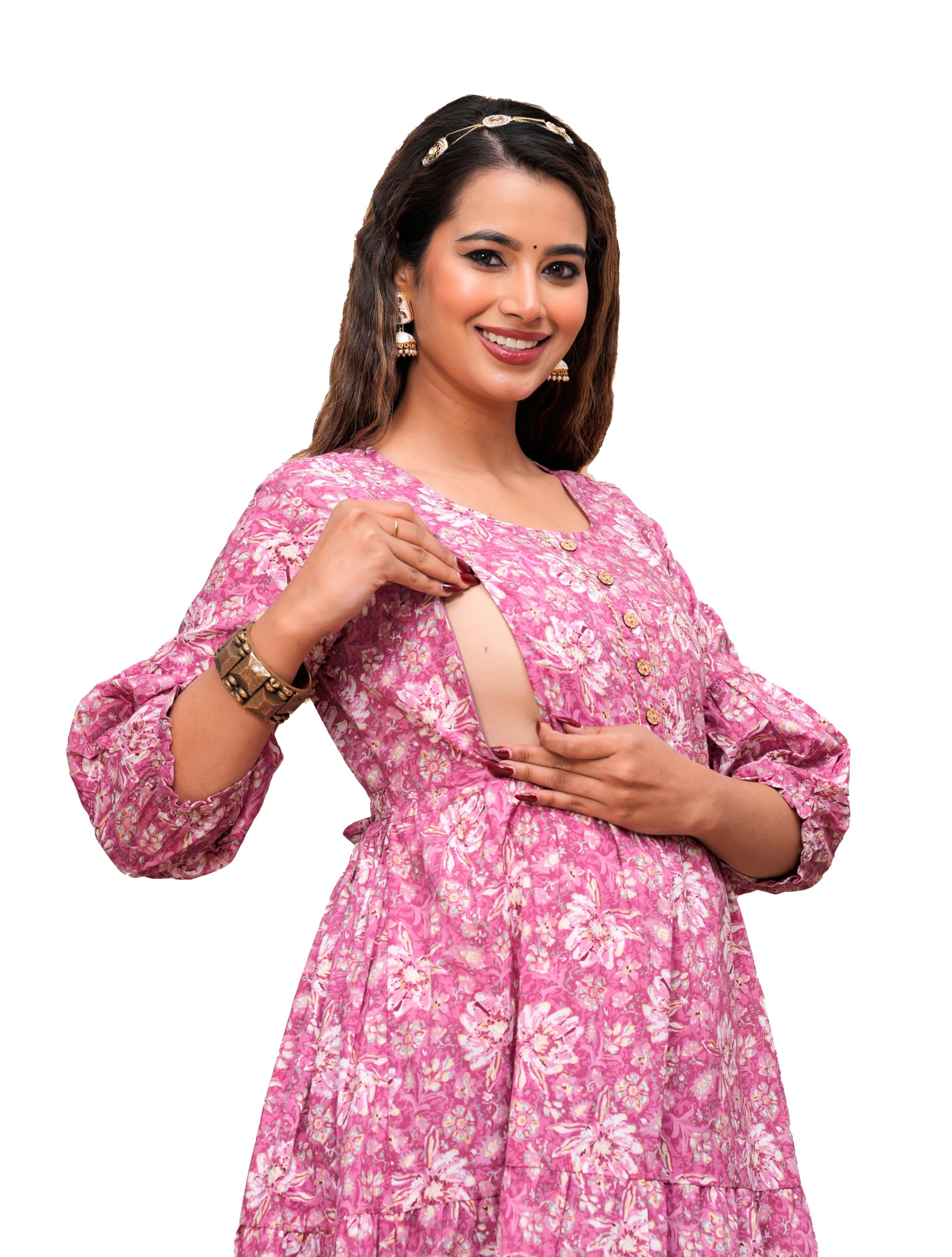 Women's Pure Cotton All Over Printed Maternity Gown | Feeding Kurti with Zippers for Women | Maternity Dress Feeding Kurti Pink-image-35