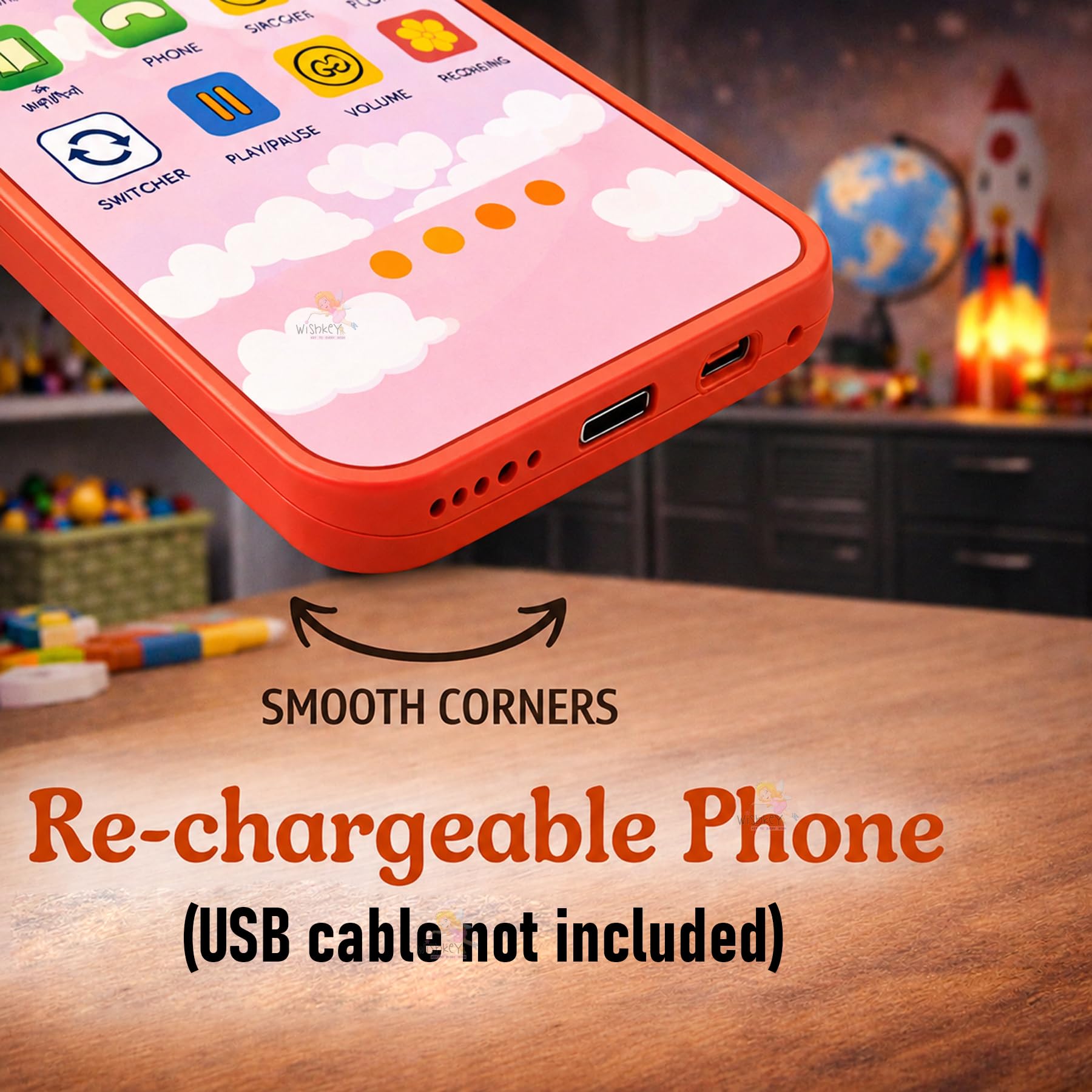 Wishkey Edu Phone for Kids Unicorn Theme 28 Functions Rechargeable USB Cable Not Included Learning Mobile Toy with 22 Features English & Hindi Language Toddler Learning Phone for Boys & Girls Age 2+ 2