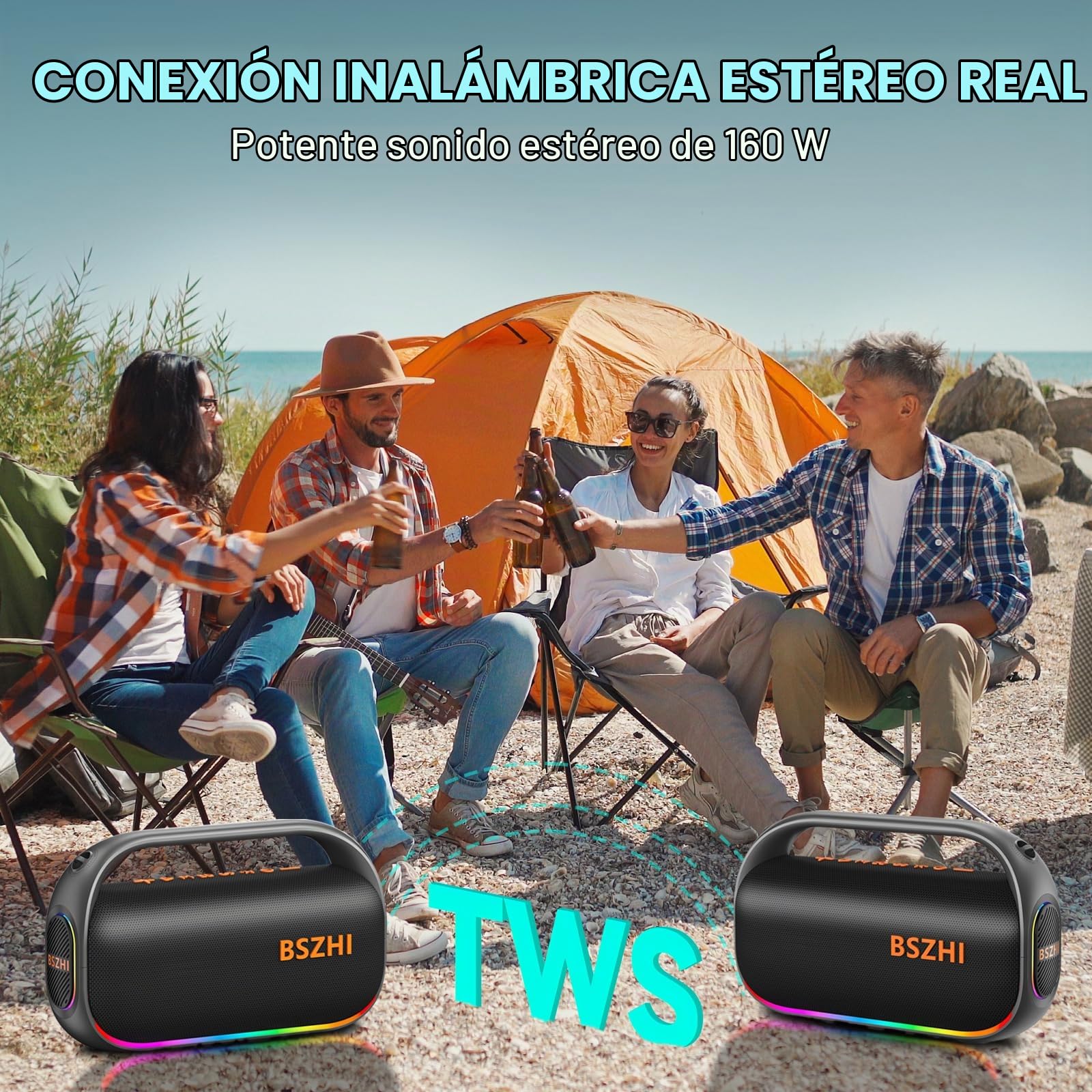 Altavoz Bluetooth de 80 W (pico de 120 W), potente, portátil, resistente al agua IPX6, inalámbrico, TWS, para exteriores, fiestas, viajes y acampadas en la playa, con luz, BT5.0, tarjeta USB/TF, AUX.