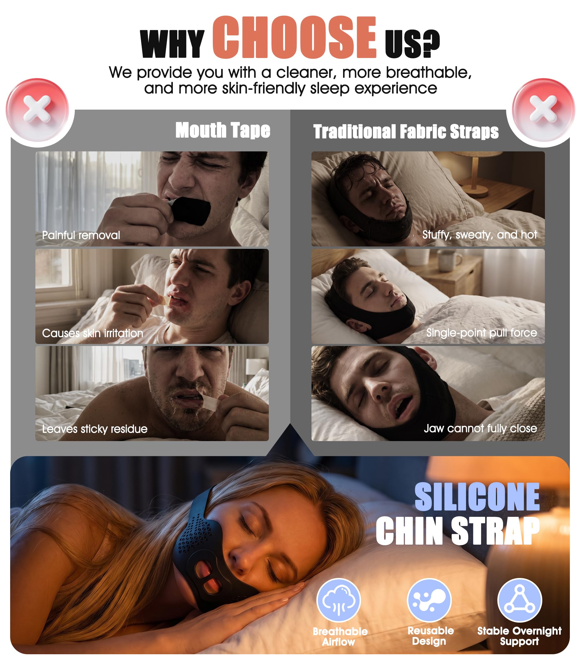 Cinta bucal para dormir, Sonnorel 1 unidad Cinta bucal premium para dormir, Banda de silicona antironquidos, Sujeción óptima incluso con barba [Tamaño universal cómodo 47-60 cm], Negro