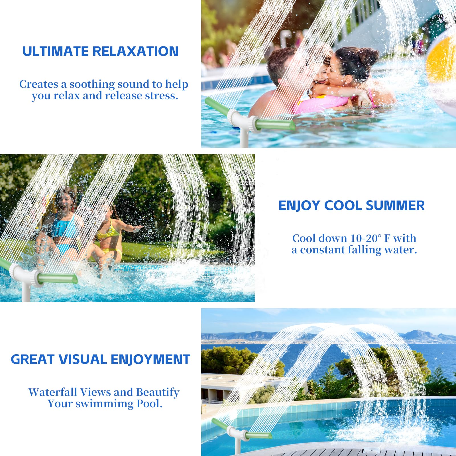 LALAGO Wasserbrunnen Dual Spray Einstellbarer Pool Wasserfall Brunnen mit Adapter Belüfter, Doppelte Sprühwasserbrunnen, Pool Zubehör für Spa Kühles Warmes Wasser Temperaturen (Grüner Fluoreszenz)