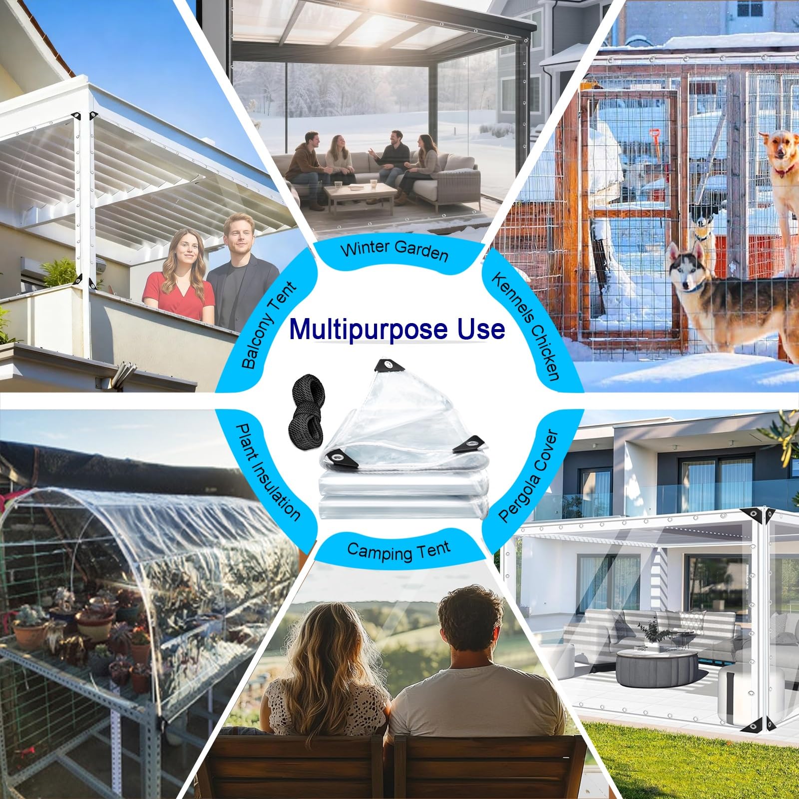Abdeckplane mit Ösen 200 x 210 cm wasserdichte Transparente PVC-Uv-Beständige & Reißfeste Gewächshausfolie Durchsichtige Tarp, Plane Wasserdicht für Camping Outdoor Garten, A