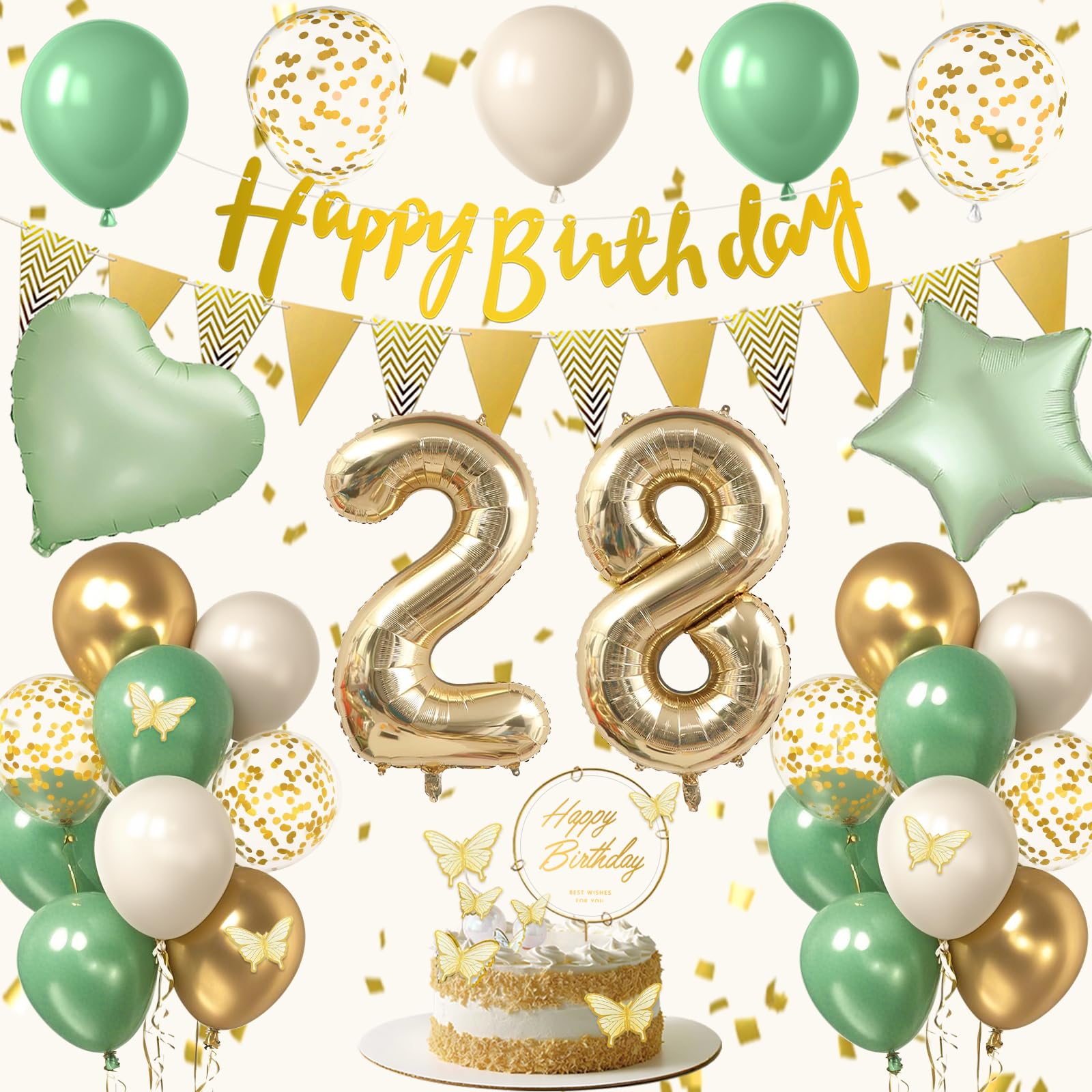 28th Sage Green Birthday Decorations, Boho Green White Gold Balloons Decorations for Girls, Happy 28 Birthday Party Supplies with Happy Birthday