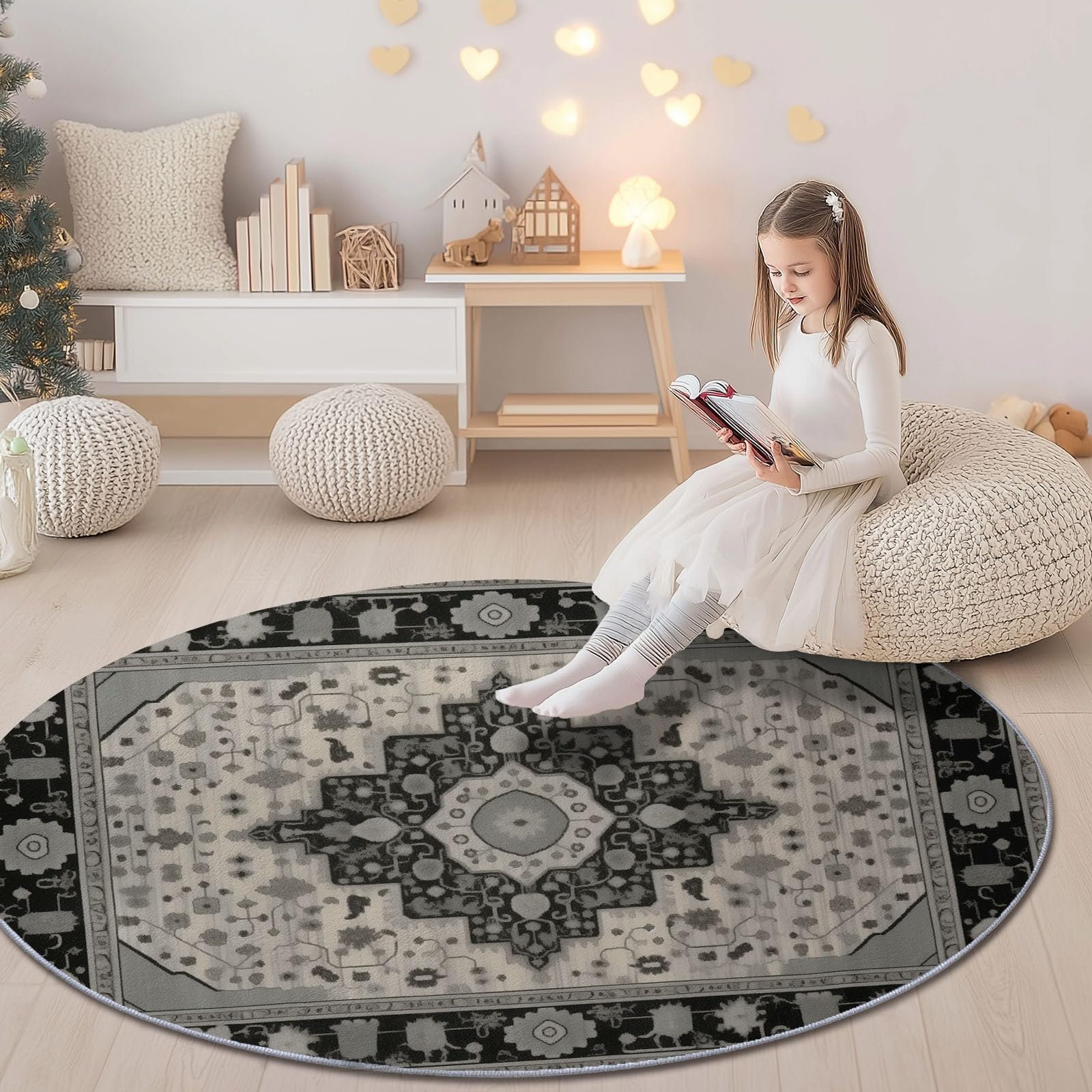Tappeto rotondo soggiorno 100 cm (Round) soffice morbido Motivo in stile persiano retrò antiscivolo lavabile in lavatrice Tappeto, per camera da letto bagno corridoio Cucina Nero Beige