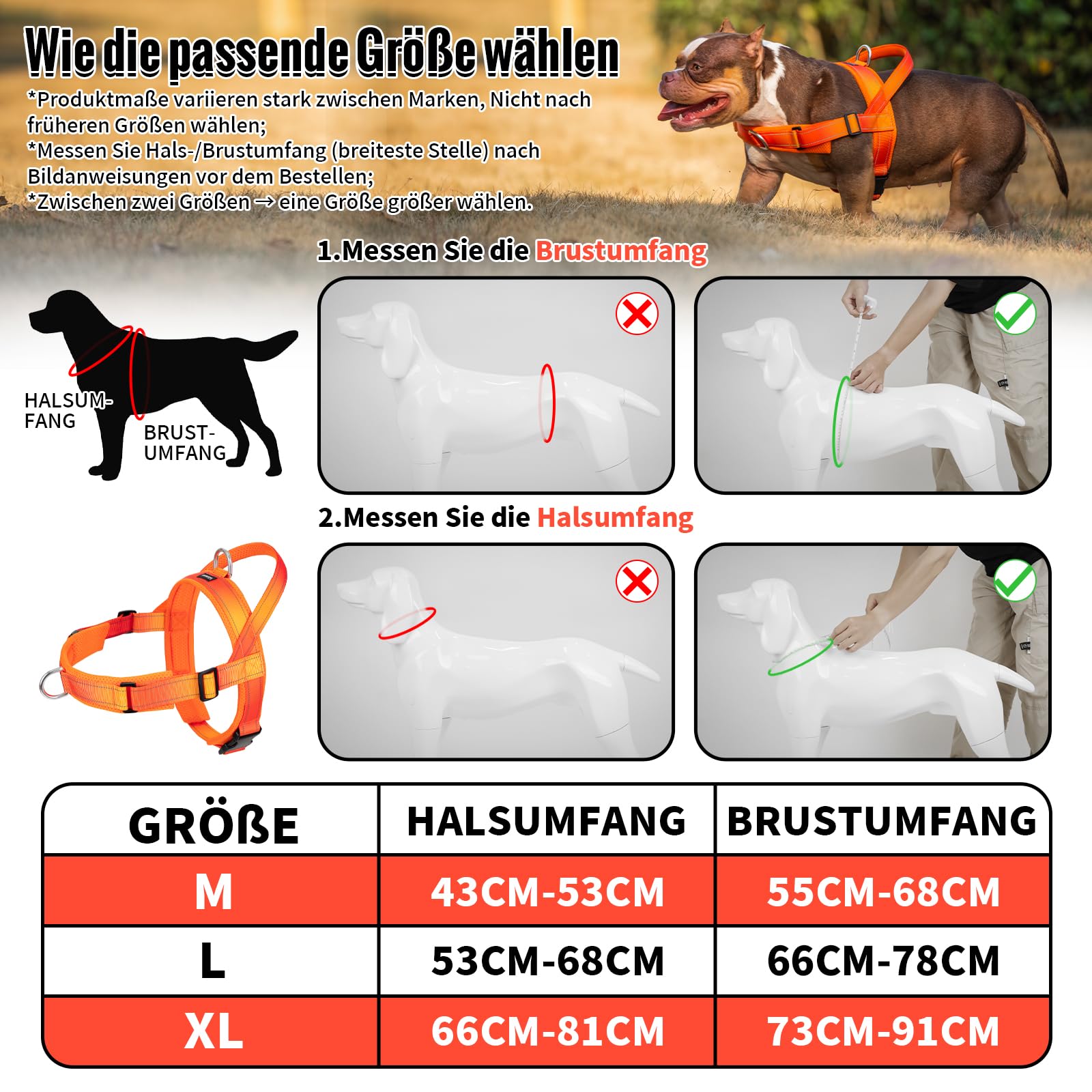 Arblina Hundegeschirr, Anti-Zug Hundegeschirr für Mittelgroße und Große Hunde, T-förmiges Anti Zieh Hundegeschirr mit Reflex, Brustgeschirr Gepolstert für Pitbull, American Bullies, Orange L