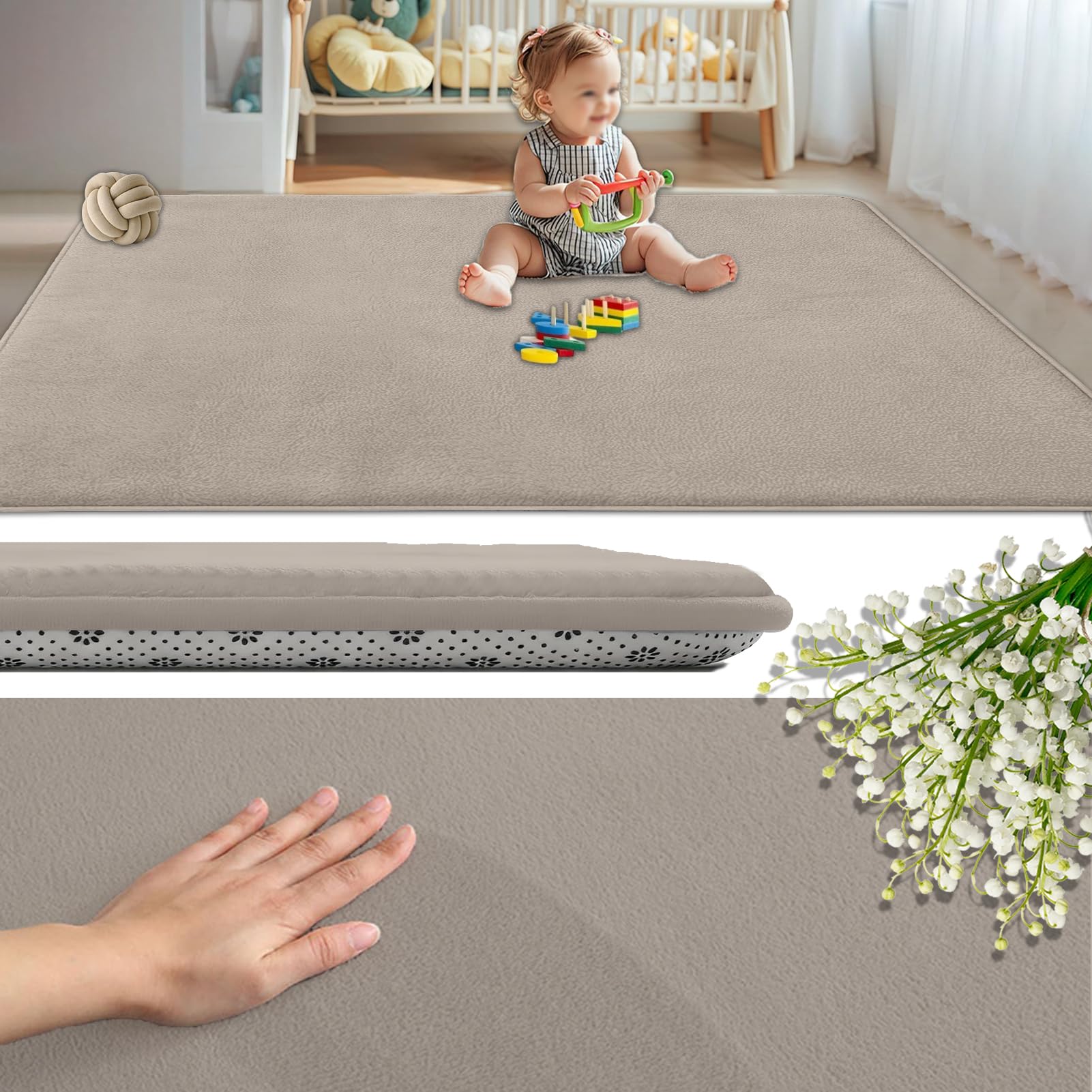 Coral Velvet Baby Play Mat 2CM Thick, Non-Slip Backing Playmat for Floor Playroom Bedroom Yoga Mat 60 x 160 cm Large Memory Foam Area Rugs for Crawling Soft Play Tummy Time Activity Light Brown