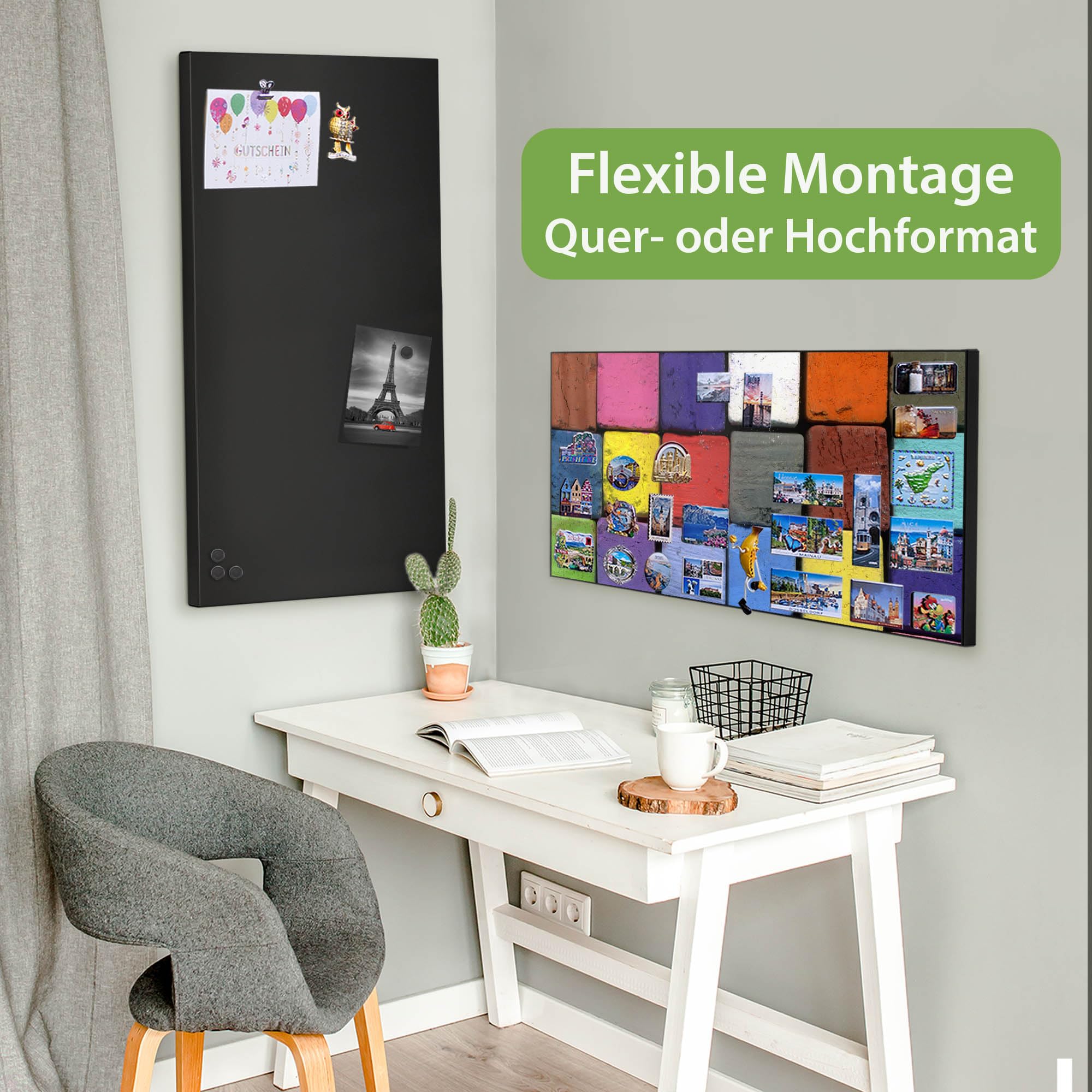 banjado Magnettafel Metall 78 x 37cm - beschreibbare Magnettafel - Metall Pinnwand als Memoboard - Magnetwand Küche, Büro, Kinderzimmer Schwarz inkl. 4 Magnete & Montageset - Motiv Bunte Kreide