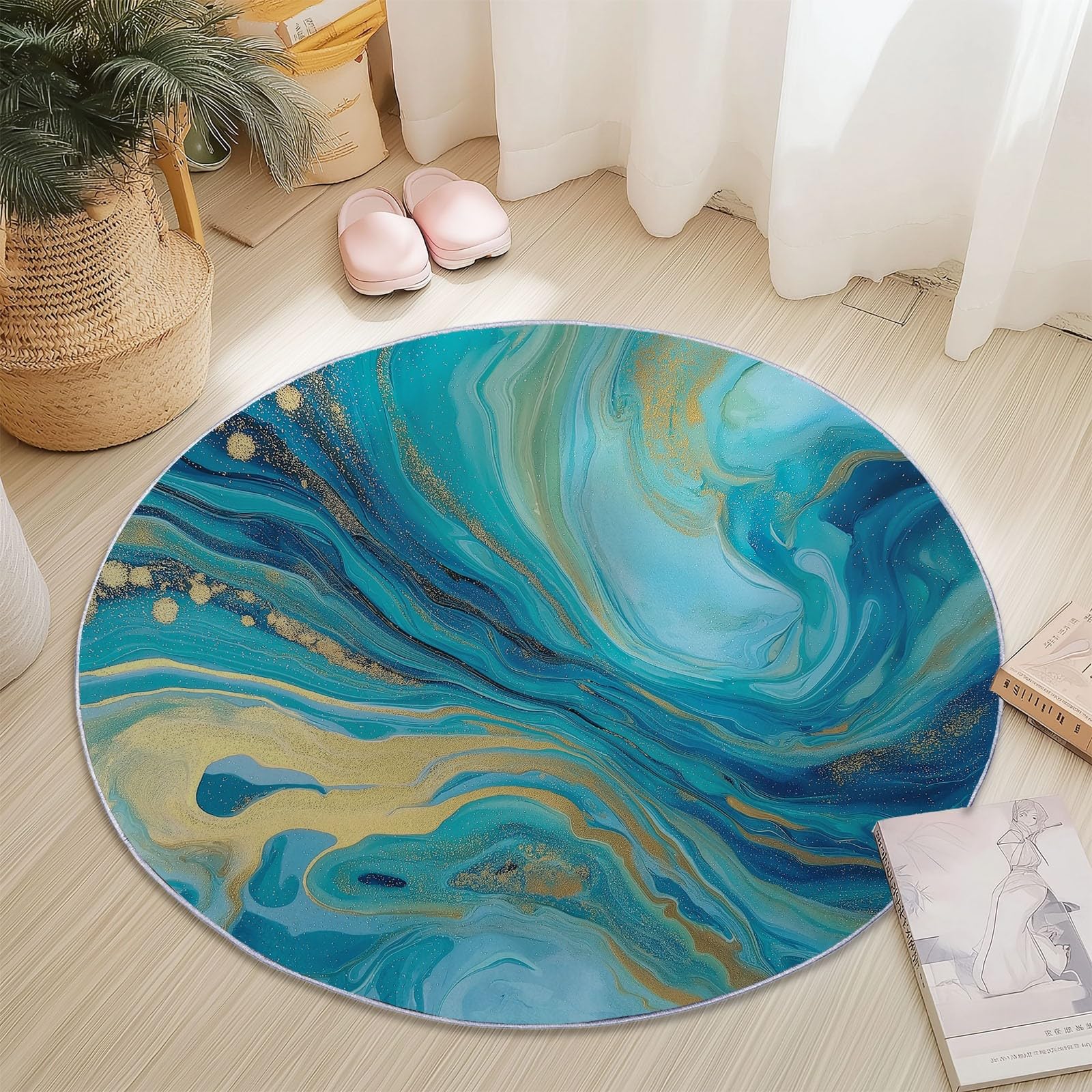 Tapis rond lavable 60 cm en art fluide bleu cyan pour entrée