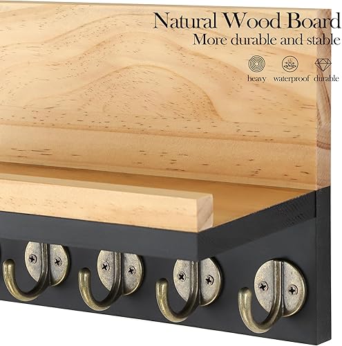 Miniatura 5 de Gurfuy Soporte para llaves de pared con estante, organizador cuadrado de madera y estante con ganchos para estante montado en la pared para