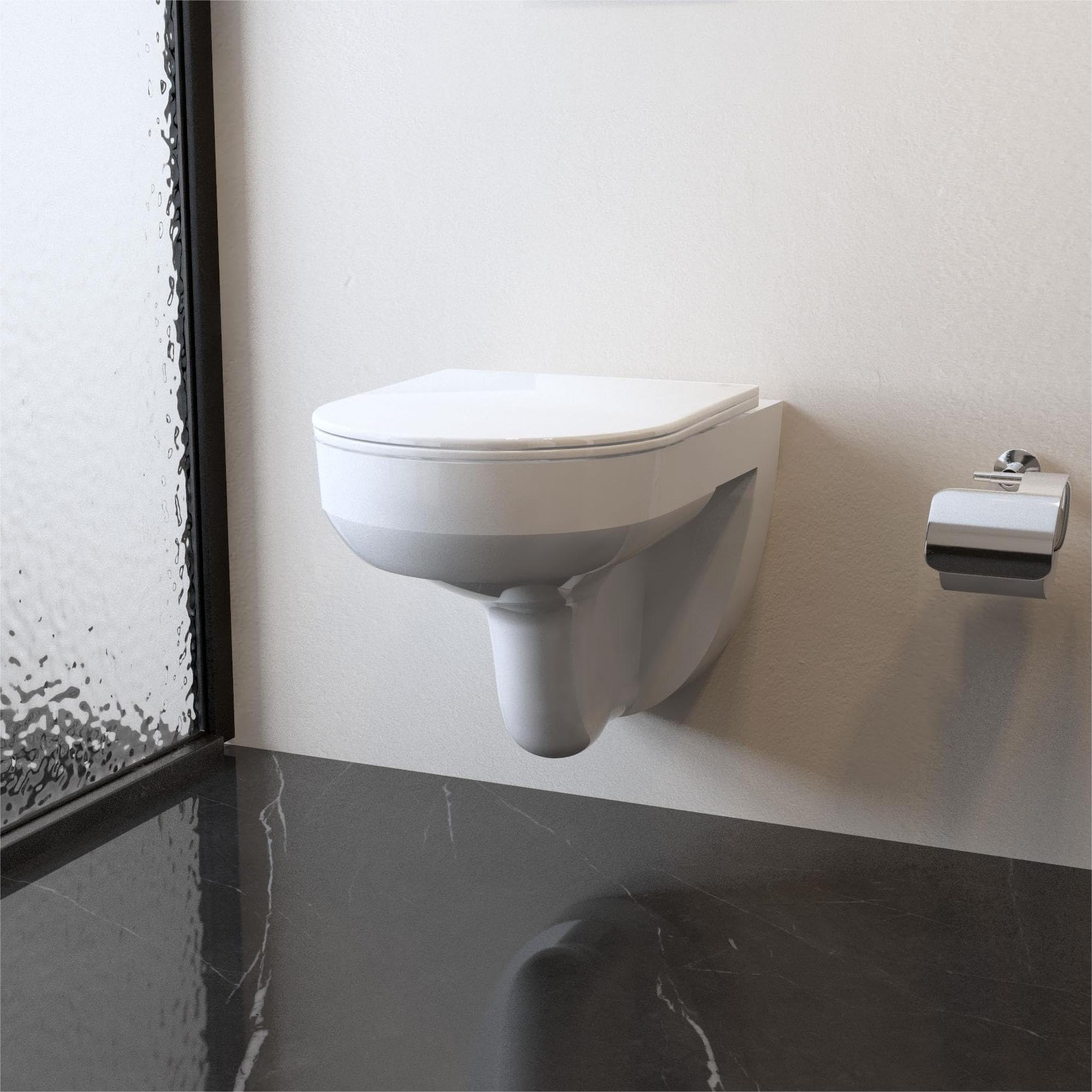 Bathroom Rimless Wall Hung Toilet UF Soft Close Seat Round Ceramic Pan White WC