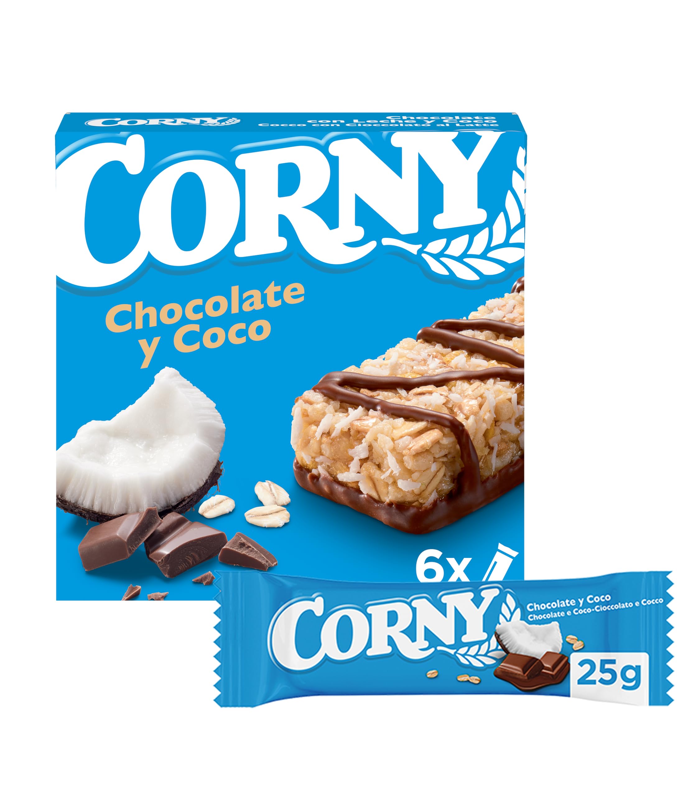 Corny Barritas de Cereales con Chocolate y Coco, Sin aceite de palma ni Conservantes, Pack 6 x 25 gr