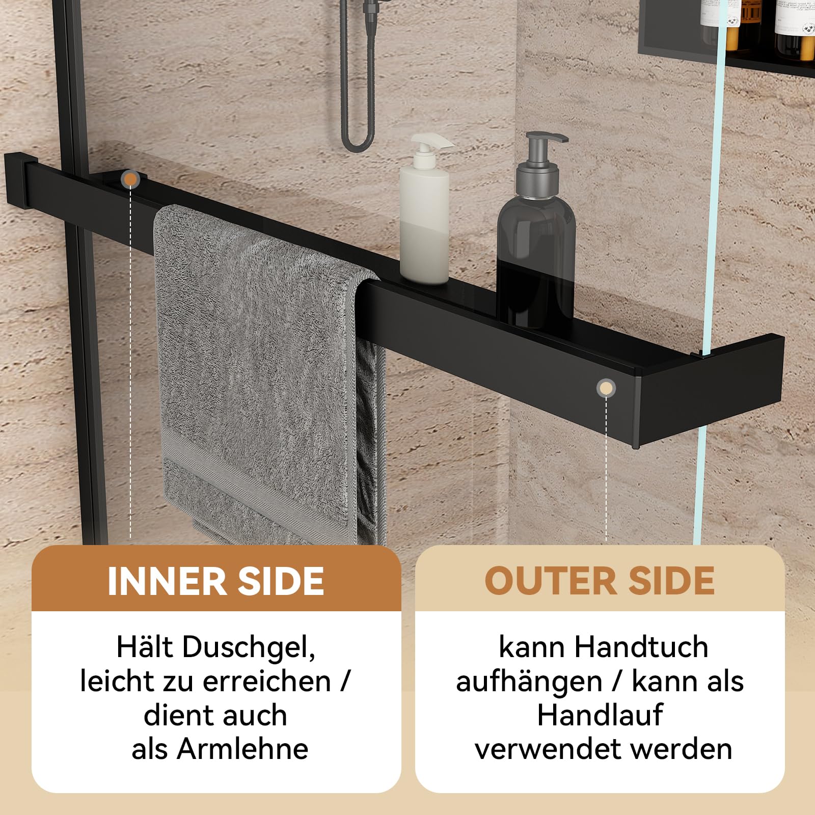Duschwand für Dusche mit Ablage, Schwarz, 110 x 200 cm
