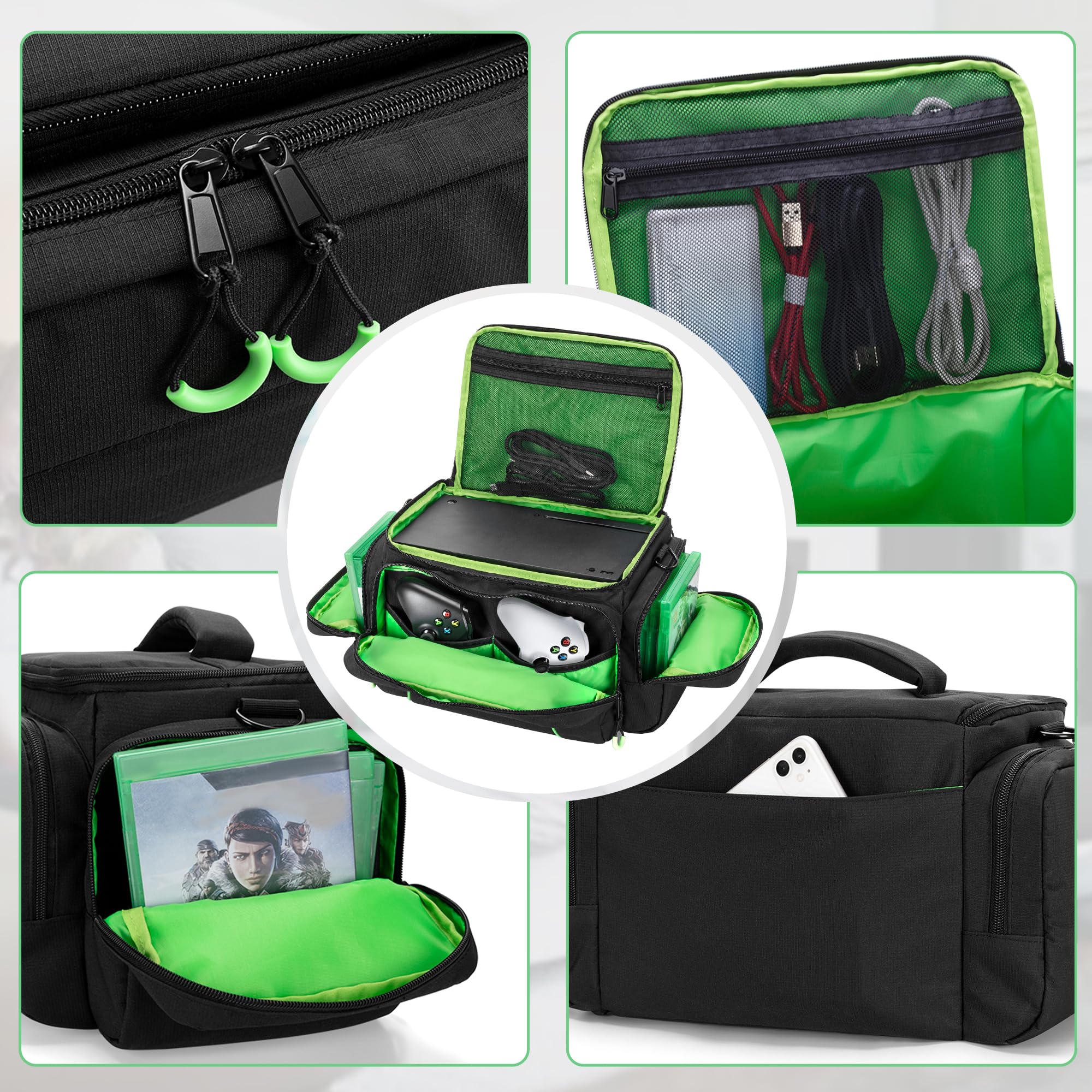 PGmoon Custodia per Console di Gioco Compatibile con Xbox Series X, Borsa Portatile con Abbastanza Spazio per Controller, Dischi, Cavi e Altro,Verde (Design Brevettato)
