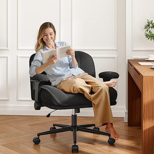 Miniatura 5 de Silla de Oficina con Piernas Cruzadas con Brazos Abatibles, Silla de Piernas Cruzadas Ancha con Ruedas y Asiento Extra Profundo Engrosado para