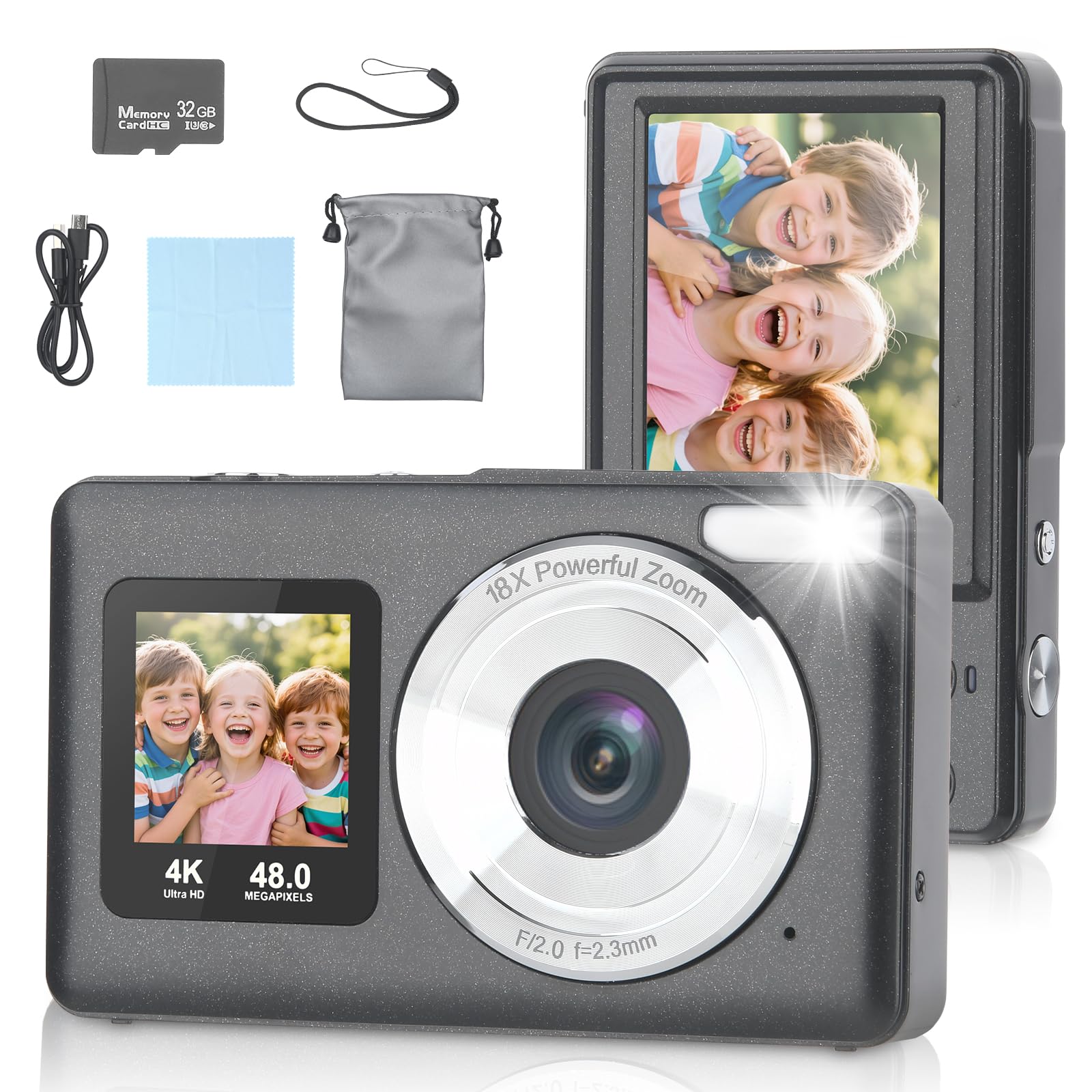 Fotocamera digitale, fotocamera portatile ad alta definizione 1080P con zoom 16x e stabilizzazione, include scheda di memoria interna da 32 GB, fotocamera compatta e leggera.