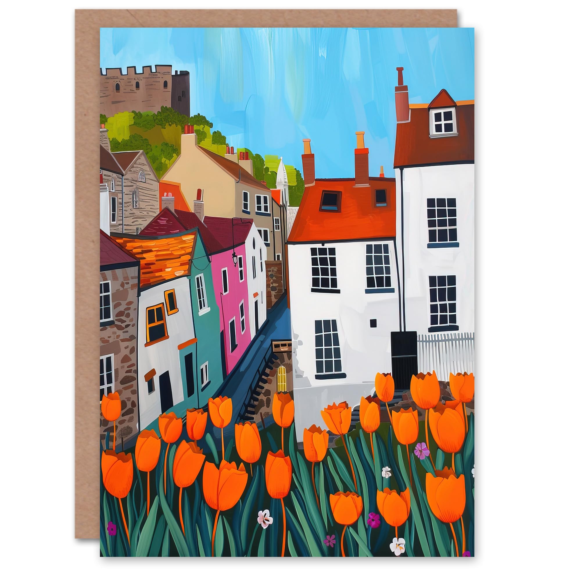 Artery8 Greeting Card Blooming Tulip Flowers Yorkshire Castle Town Blank For Him Or Her Art Birthday Card