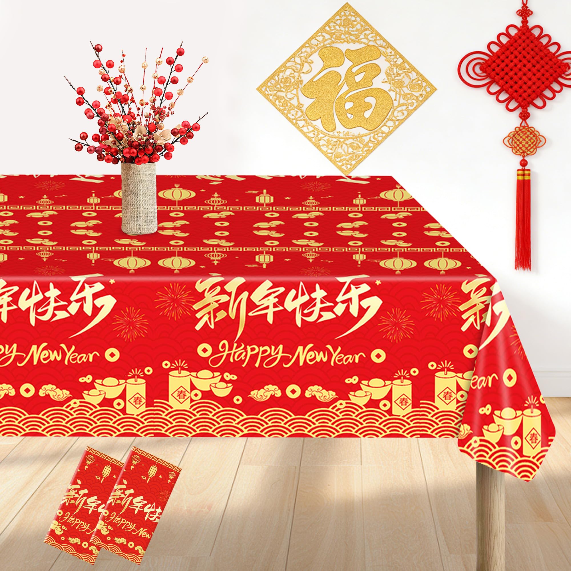Chinese New Year Table Cloth: 137×274CM 2026 Lunar New Year Red and Gold Plastic Disposable Rectangle Tablecloth Horse Spring Festival Table Cover with Lanterns, Firecrackers Party Decorations(2 Pcs)