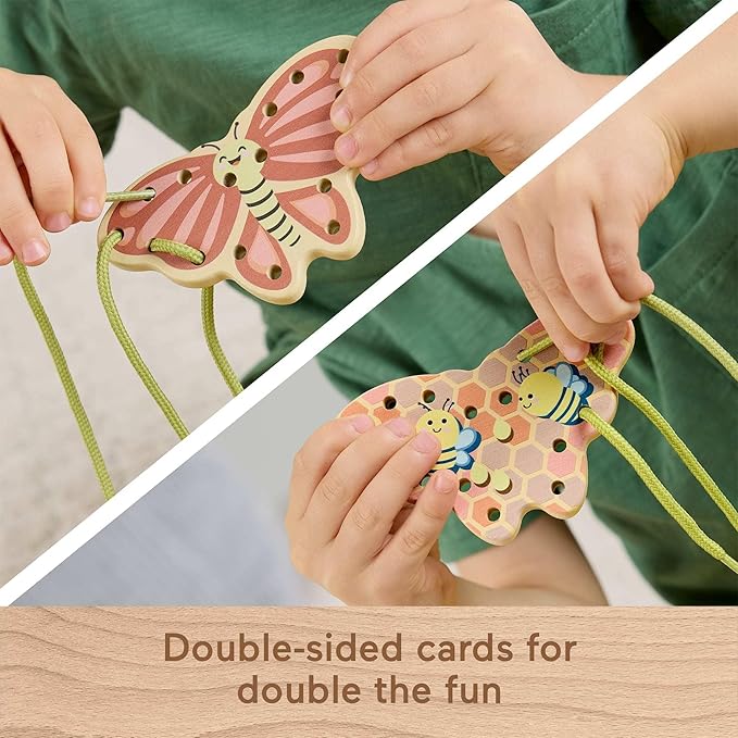 Fisher-Price Wood Preschool Toy Lacing Activity Cards, Tiny Garden 10-Piece Set for Fine Motor Skill Development Kids Ages 3+ Years (Amazon Exclusive)