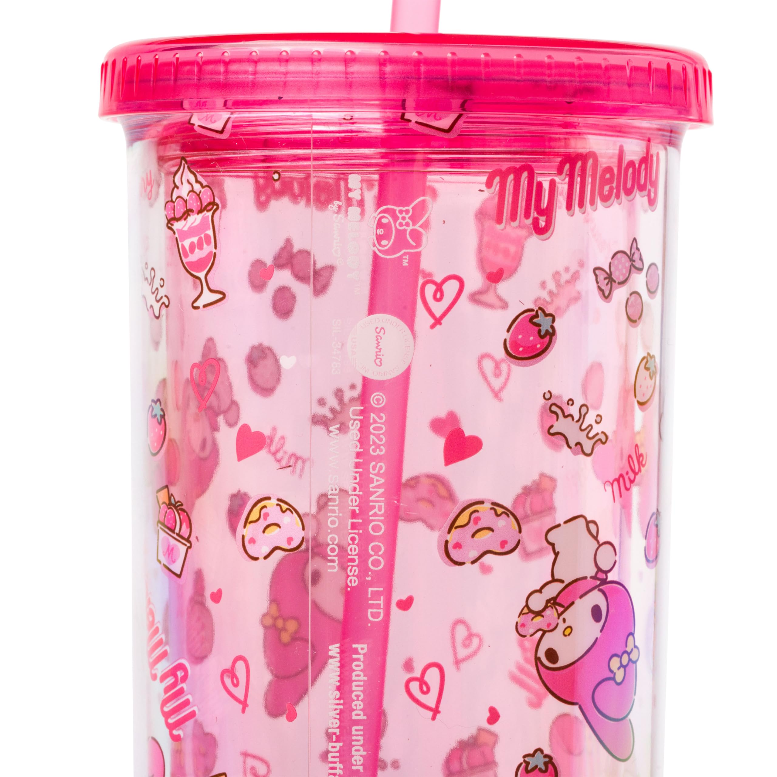Silver Buffalo Sanrio My Melody - Taza fría alta de plástico con tapa y pajita, 20 onzas | Hello Kitty and Friends, patrón de fresa, dona y batido, incluye tapa y pajita, 0,59 litros