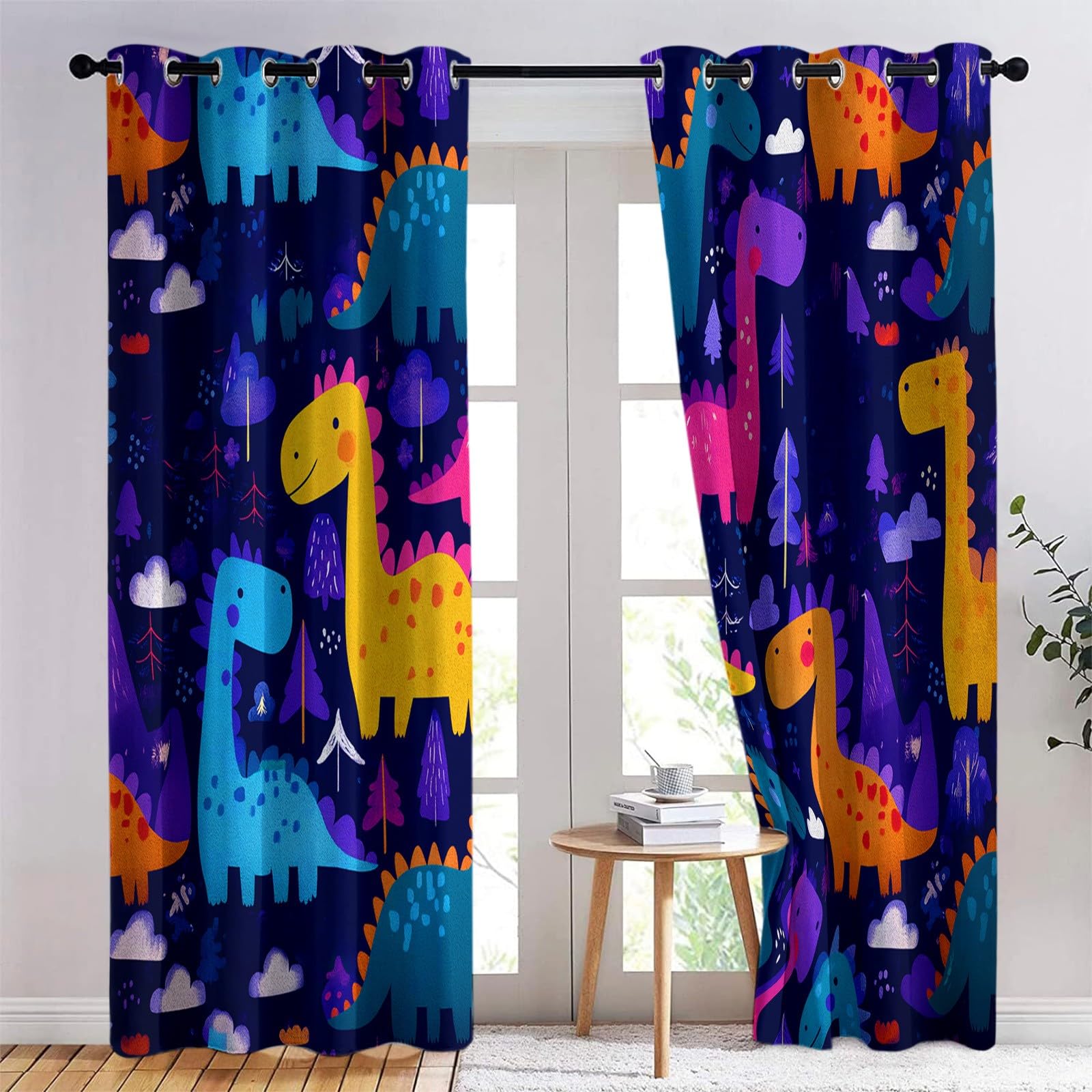 Rideau Occultant Thermiques Enfant Motif Dinosaure Mignon Cartoon 140 x 245 cm Lot de 2 Rideaux Imprimé pour Salon Fenetre Cuisine Décoration, Rideaux et Draperies Intérieurs à Oeillets, Couleur