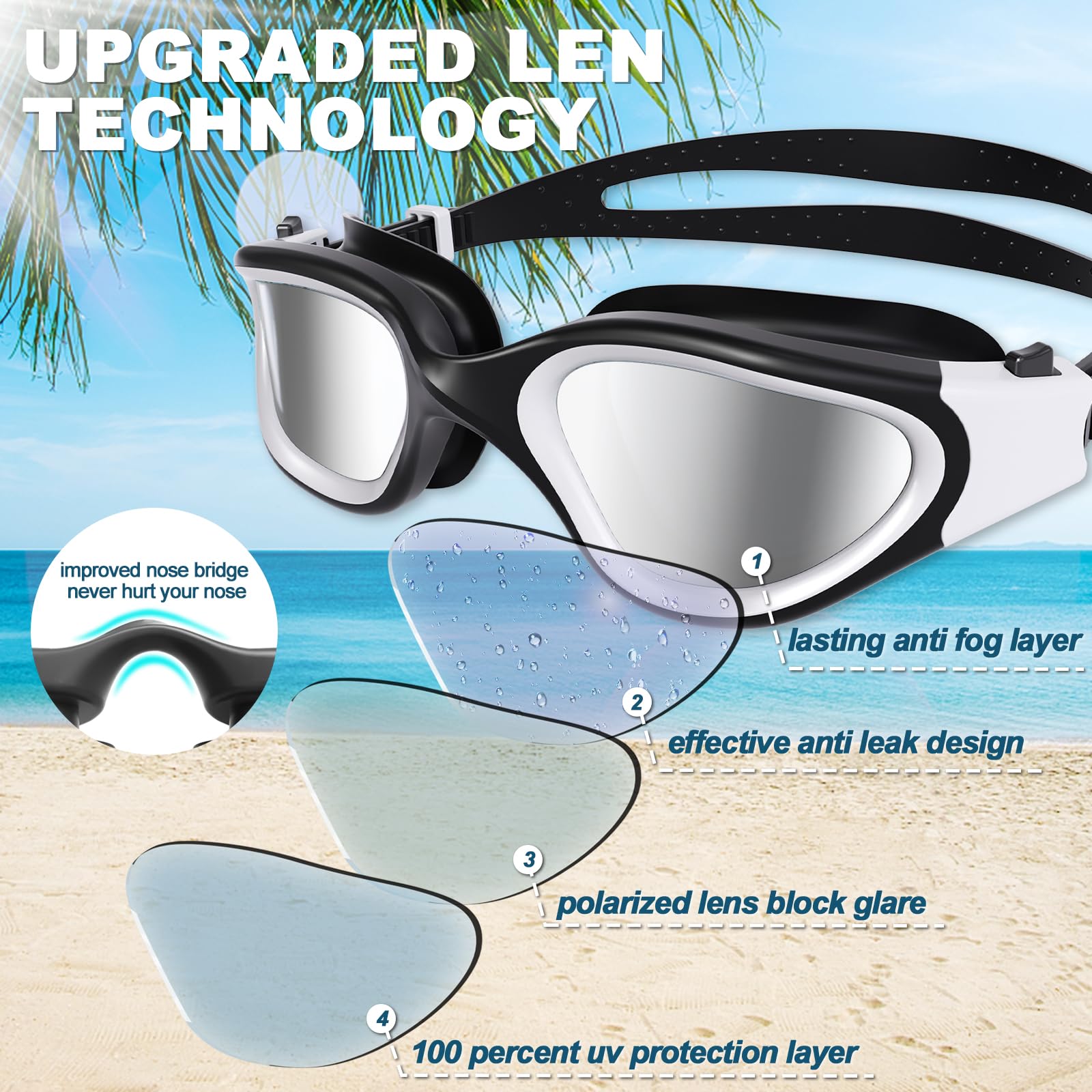 Gafas de natación polarizadas/no polarizadas, antiempañamiento UV a prueba de fugas silicona suave visión clara fáciles de ajustar para adultos y adolescentes