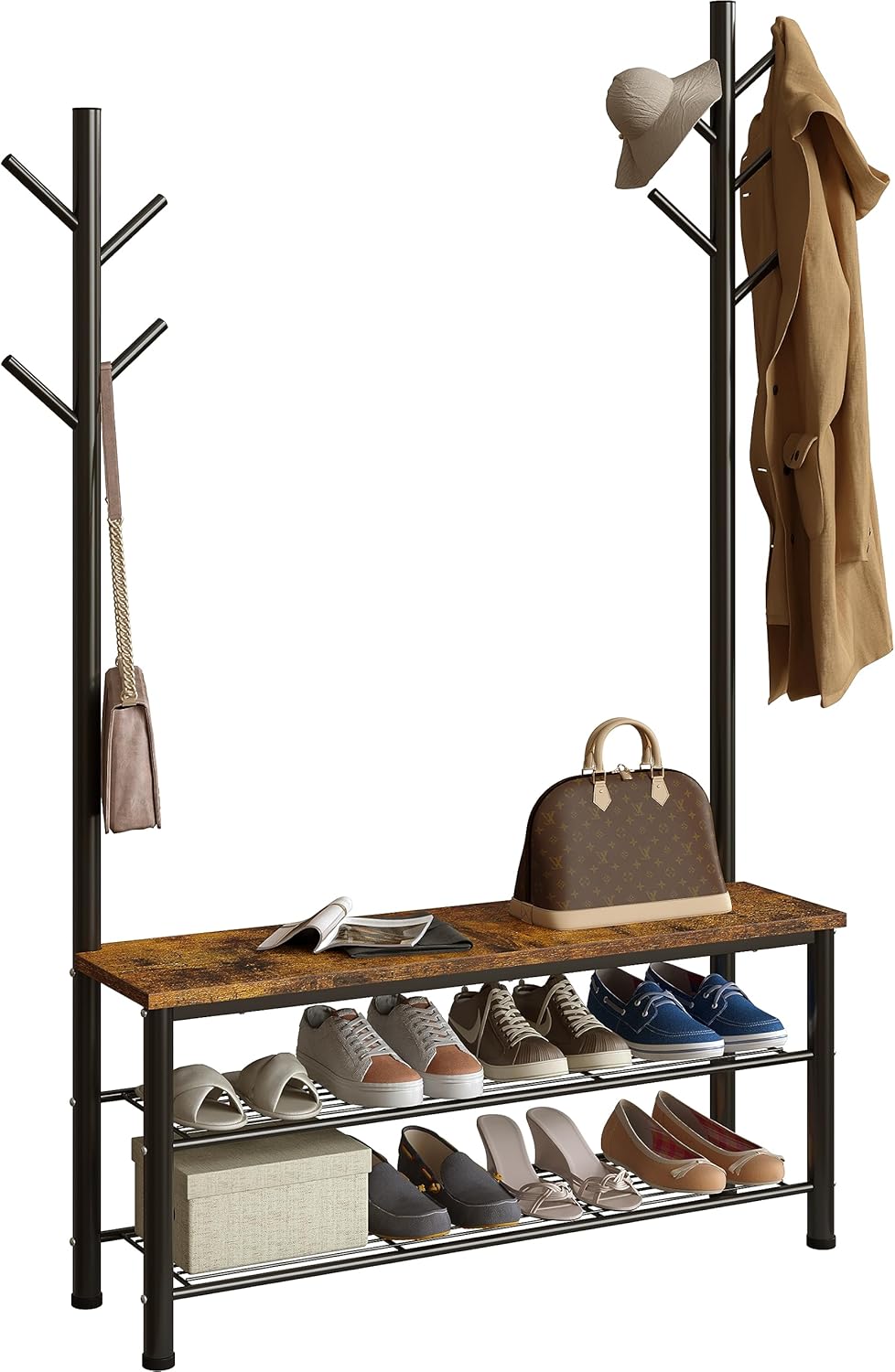 Yusong Shoe Bench with 2 Hall Tree Coat Racks Stand, 35.4" Industrial