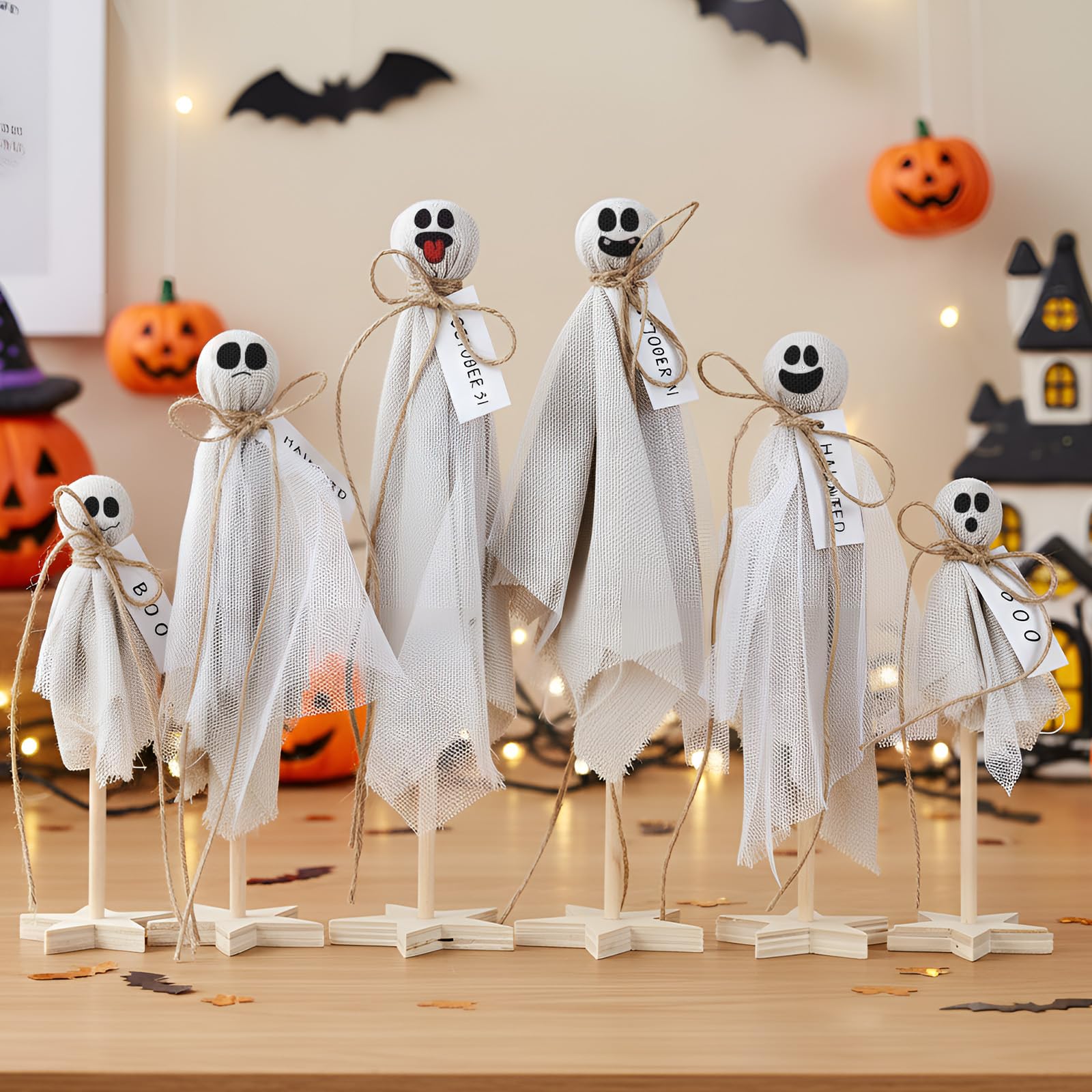 3 Pieces Halloween Primitive Ghost Table Decor — Rustic Ghost Wooden Stand Sign Boho Farmhouse Wood Spooky Table Centerpieces for Halloween Office Indoor Party Decoration Supplies (Vintage Style)