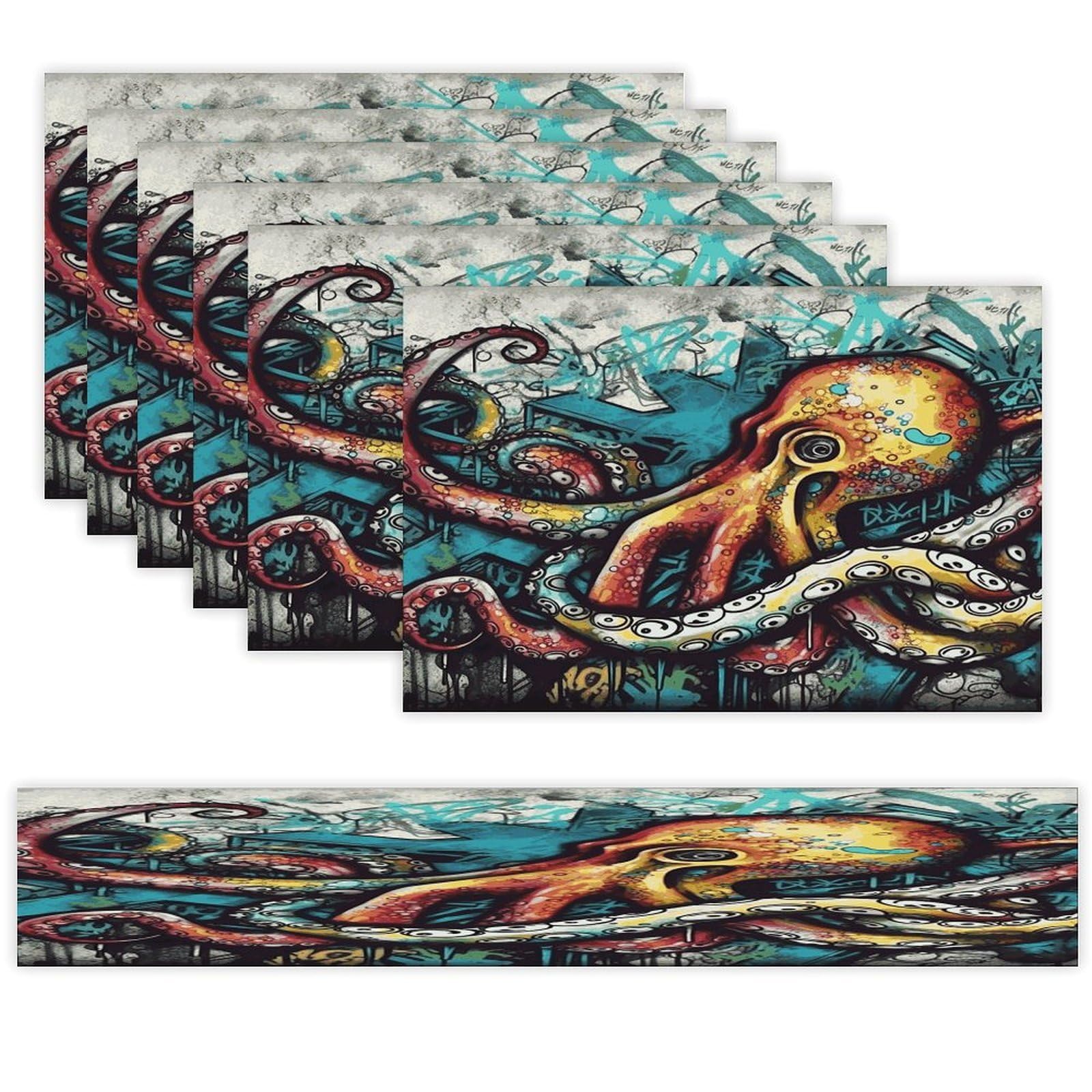 Color Graffiti Octopus Table Runner and Placemats Set of 6 Heat Resistant Table Runner Place Mats Modern Cloth Table Mat Washable Linen Placemat Festive Reusable Set