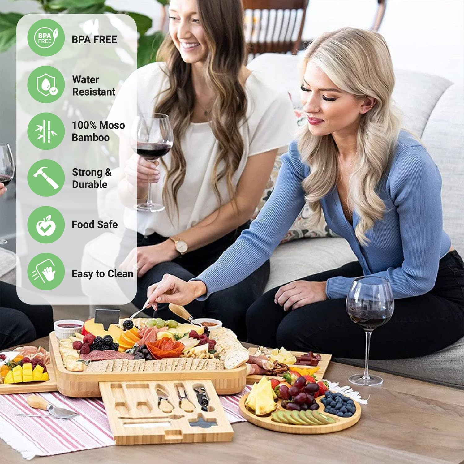 Planche à fromage en bambou avec 3 tiroirs et ustensiles - Plateau rond inclus - Cadeau de mariage, d'anniversaire, de pendaison de crémaillère pour famille, femme, couple