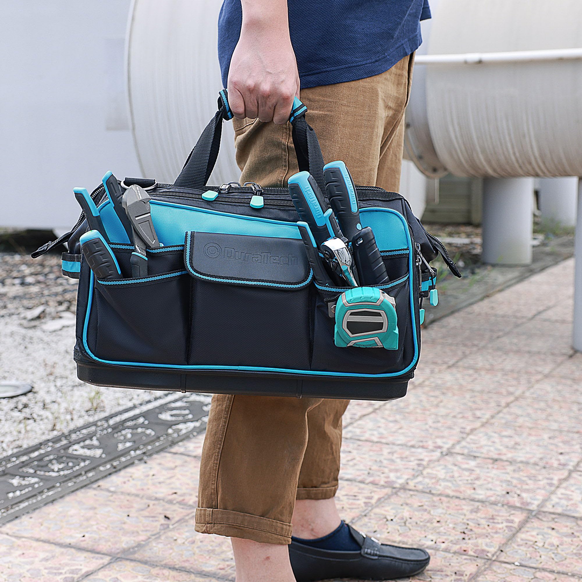 DURATECH Bolsa de Herramientas 43 x 29 x 30 cm, Bolsa de Herramientas con Carga Máxima 30 kg, Respaldo Rígido Resistente al Agua, Correa Ancha Ajustable para el Hombro, Cremallera Flexible