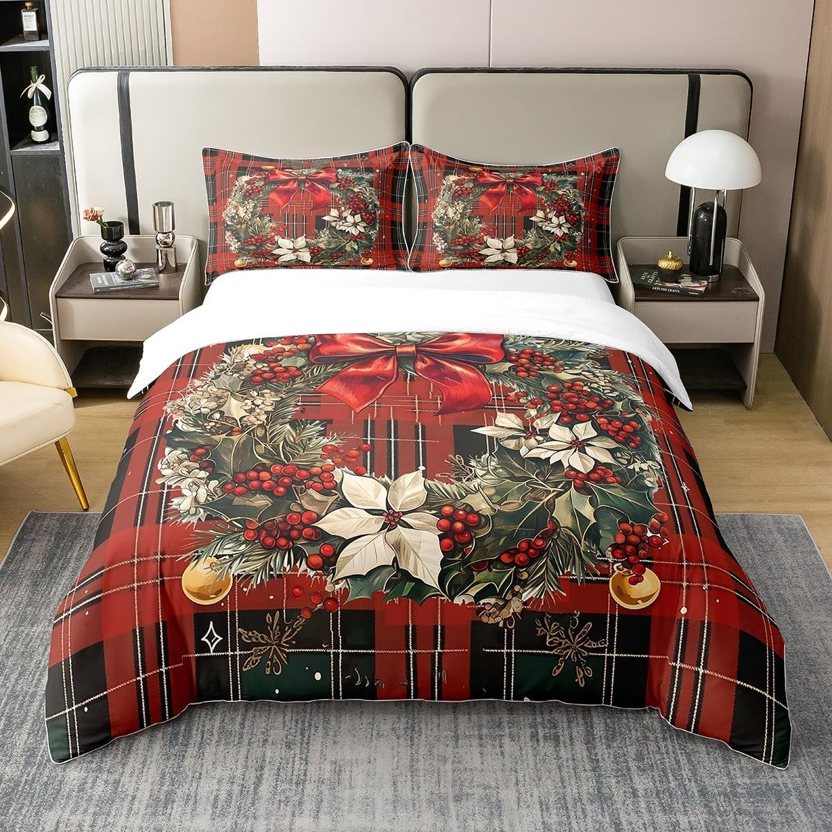 Christmas Green Cotton Duvet Cover Twin Size,Cute Santa Claus Red Bowknots Xmas Gifts Bedding Set with 1 Pillow Sham,Vintage Green Steam Train Winter Snowy Comforter Cover(No Filler),2 Pcs