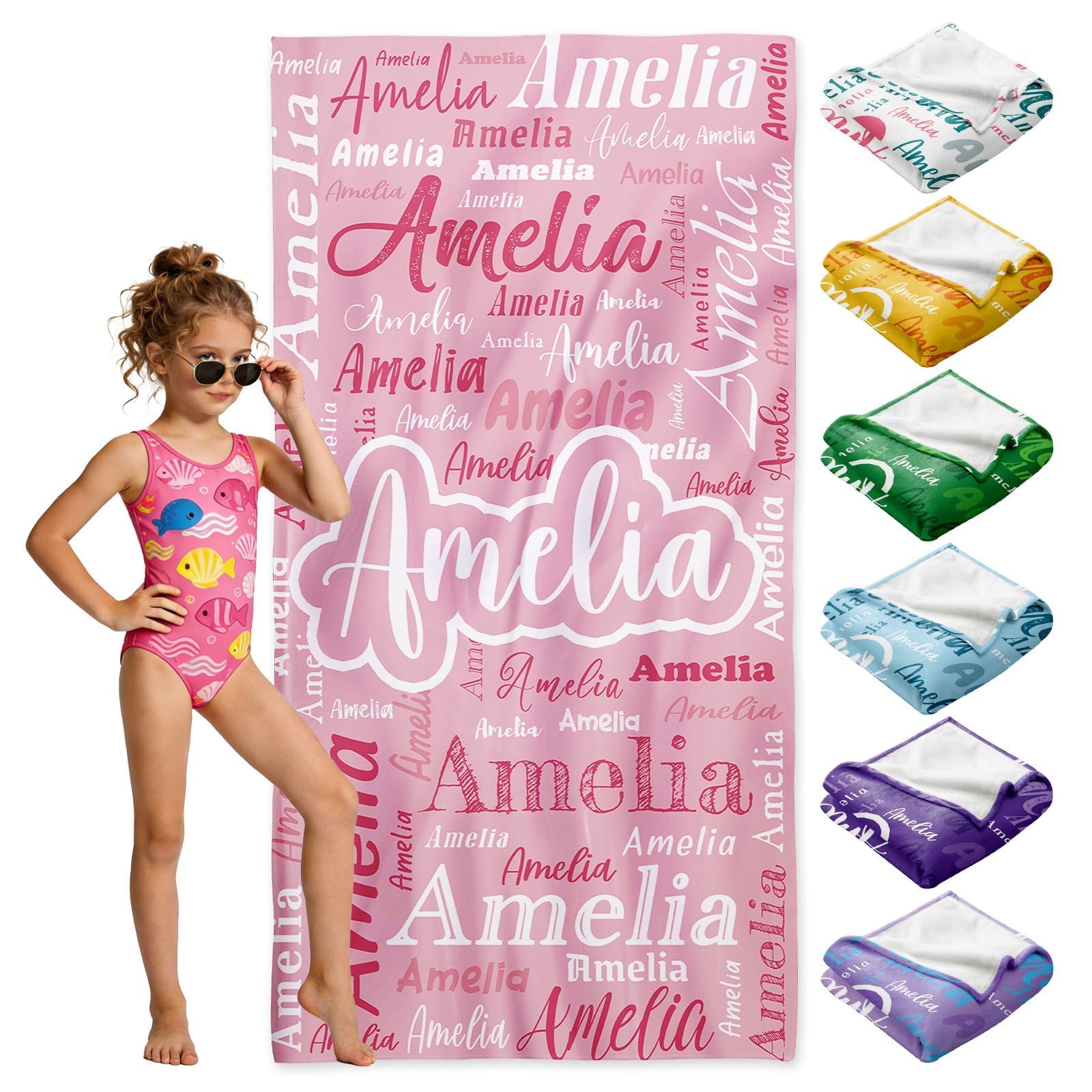 Loosusu Personalised Beach Towels for Kids - Custom Beach Towels with Monogram & Name- Multiple Colors Swimming Towels for Kids,Customised Bath/Pool/Beach Towel for Boys Girls(Style6)
