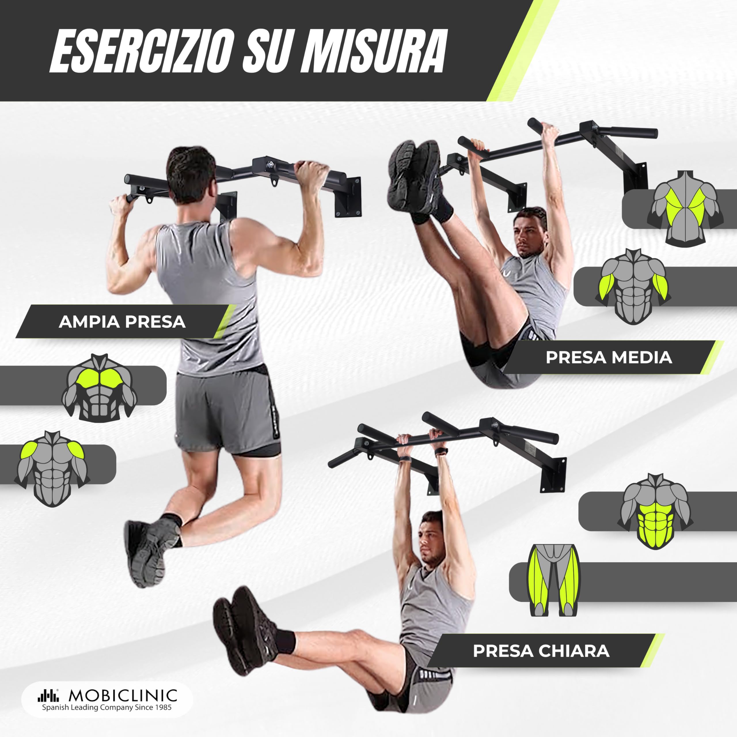 Mobiclinic® fitness, Barra per trazioni, K3, Parete, Kit di ancoraggio, Acciaio, Max. 250 kg, Esercizi forza, Impugnature in schiuma