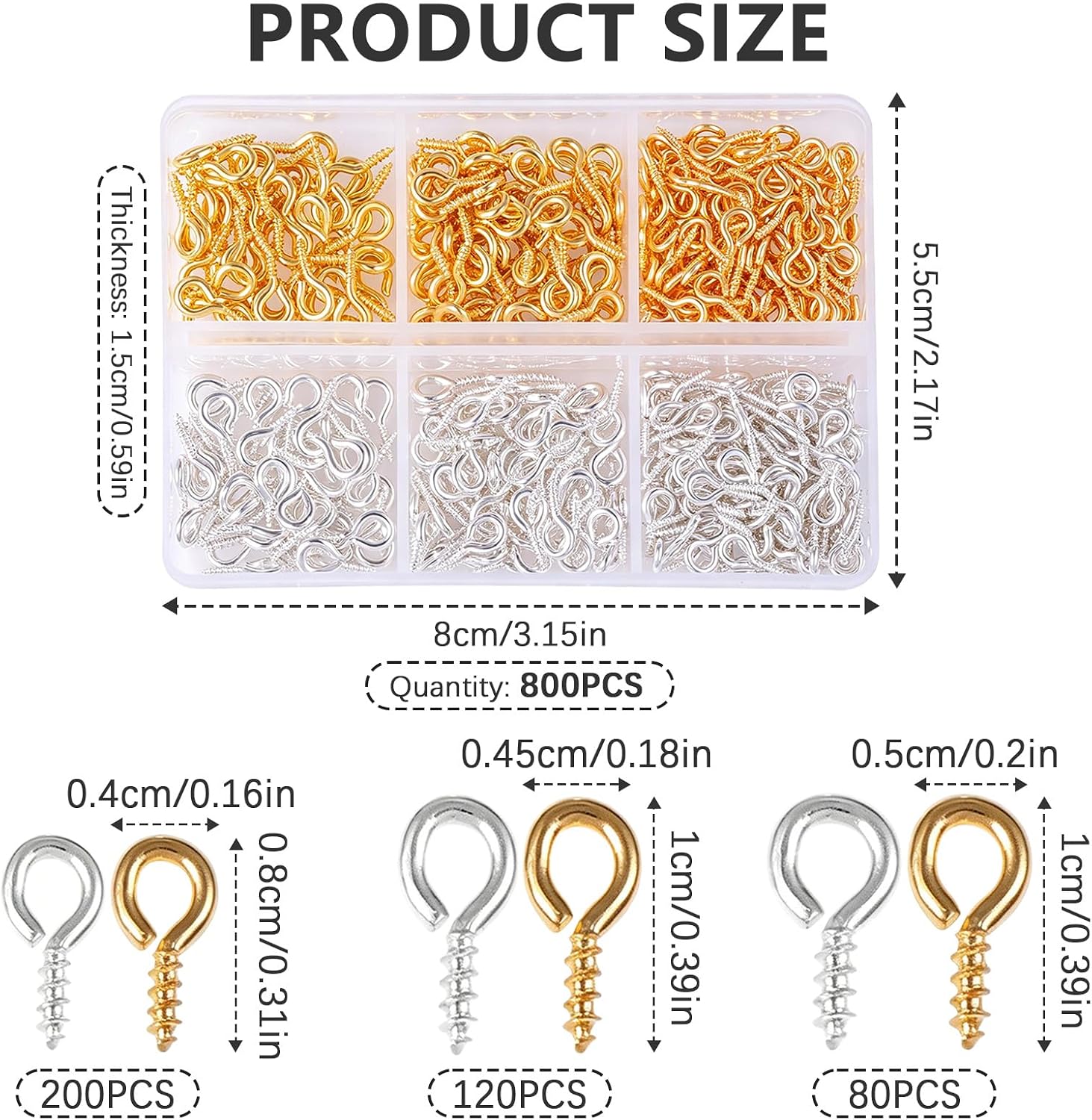 800 Pcs Screw Eye Pins, Mini Screw Pin Pegs Tiny Eye Hooks 3 Sizes Small Eyelet Screws for Jewelry Making Handmade DIY Crafts(Gold & Silver)
