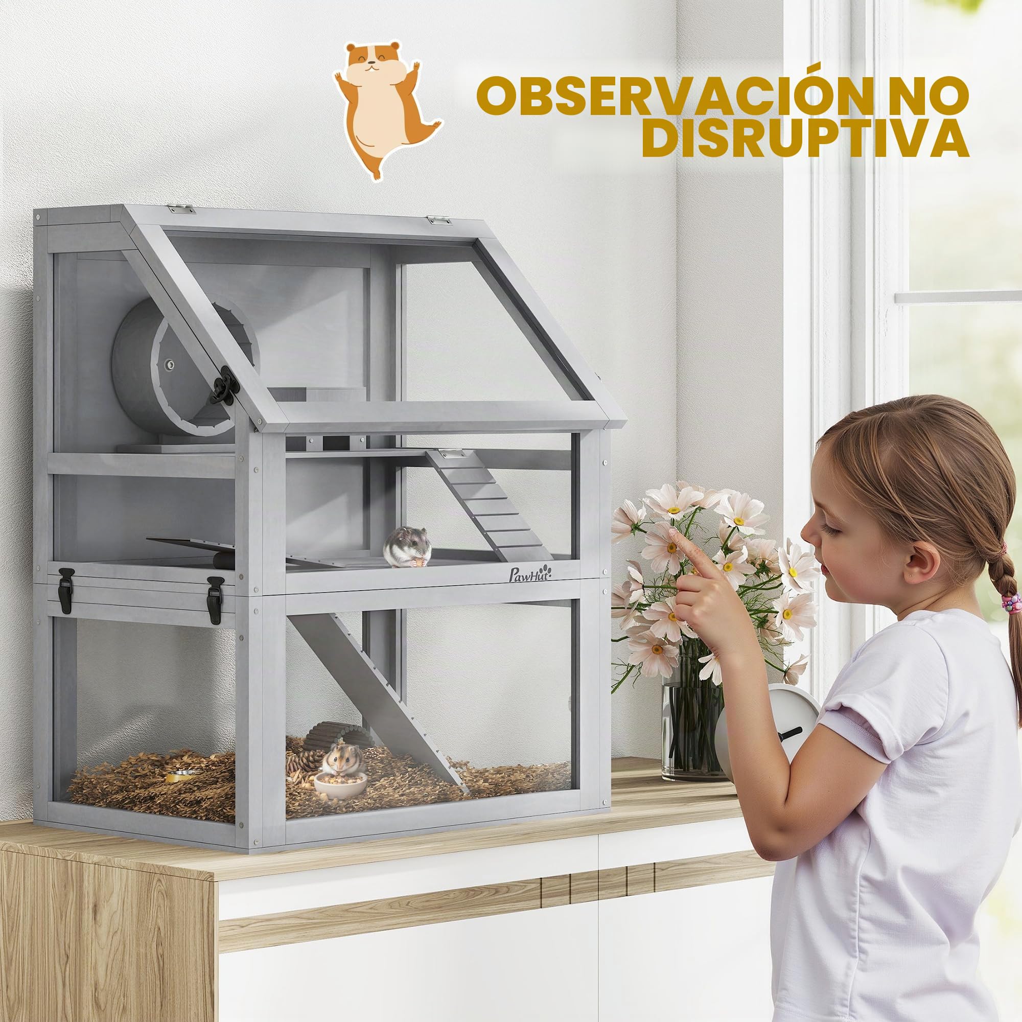 PawHut Jaula de madera para hámster de 3 niveles, color gris claro | Jaula de jerbo, parte inferior desmontable de 32 cm de profundidad, cabaña, balancín, rueda de ejercicio, rampas