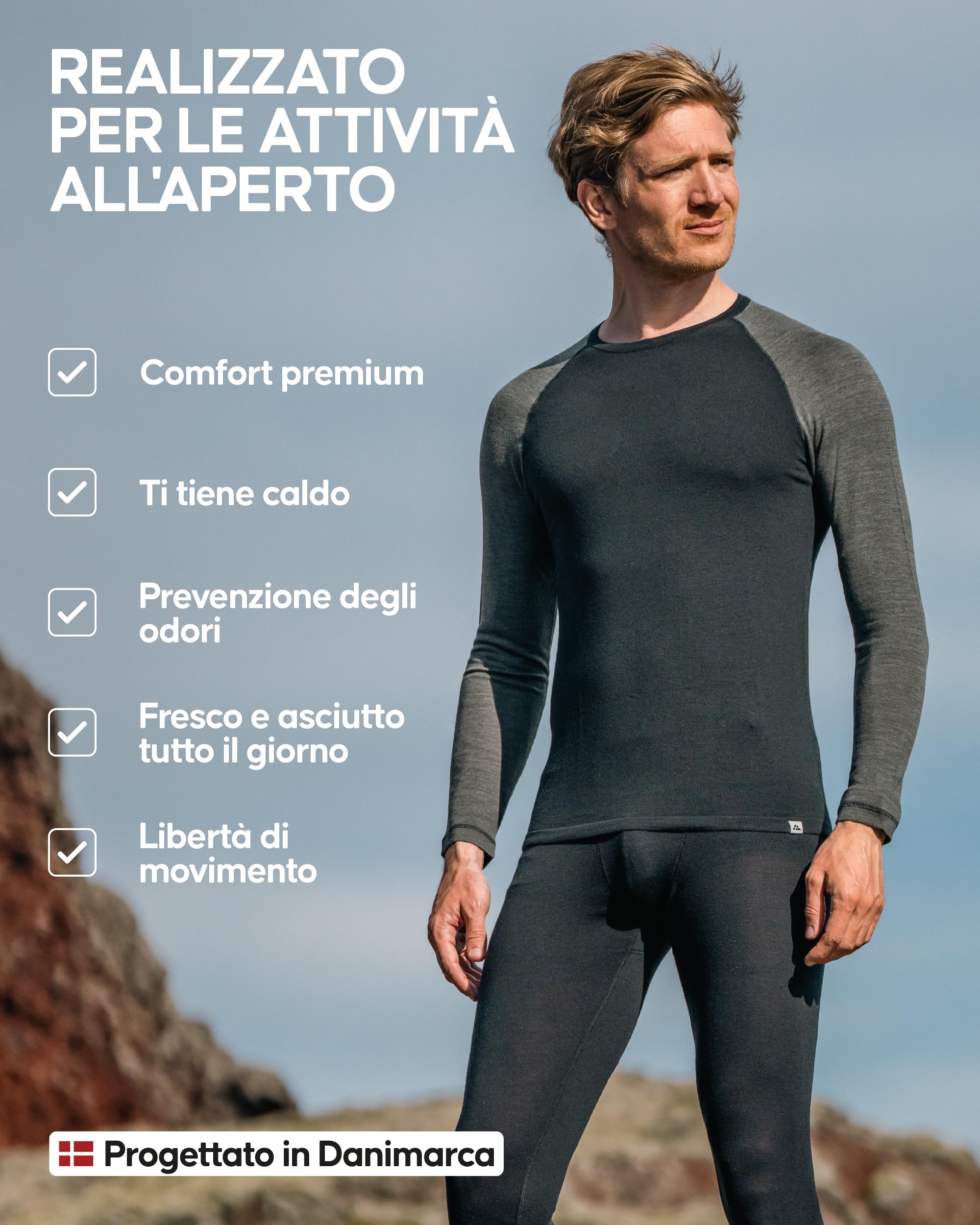 DANISH ENDURANCE Intimo Termico Uomo Lana Merino, Maglia Termica Uomo e Pantaloni Termici, Calzamaglia Termica Uomo Invernale per Sci, Trekking