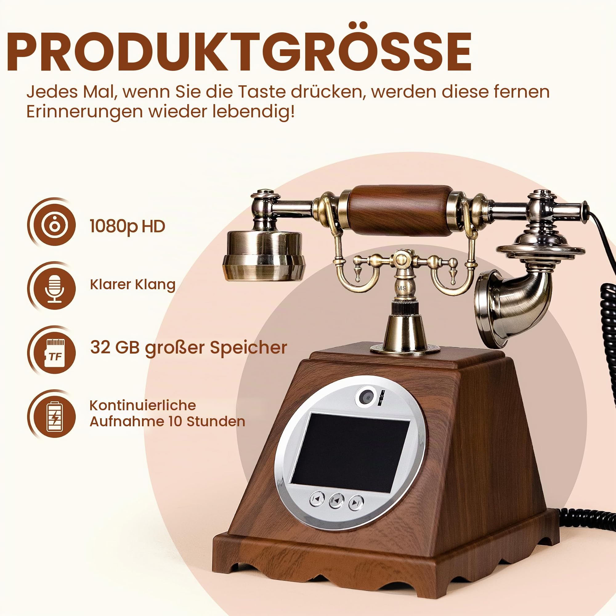 Video-Audio-Gästebuch, Hochzeitstelefon, 1080P HD-Video-Gästebuch, bewahren Sie Ihre besonderen Anlässe auf, ideal für Hochzeit, Brautparty, Geburtstag, Abschlussfeiern, Babyparty (Retrobraun