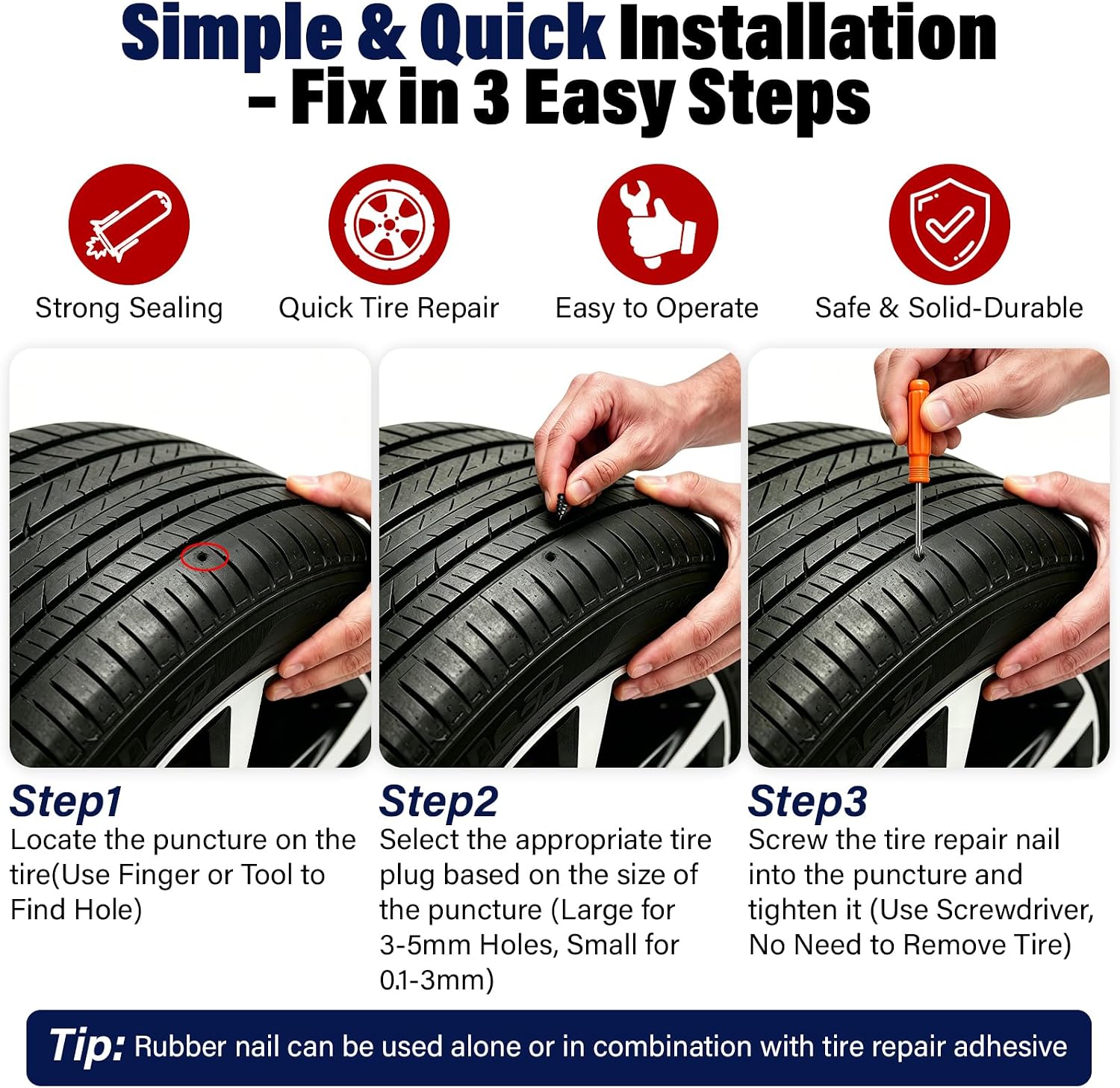 BURMONG 80Pcs Tire Repair Rubber Nails Kit with 4 Sizes,for Car,Motorcycle,